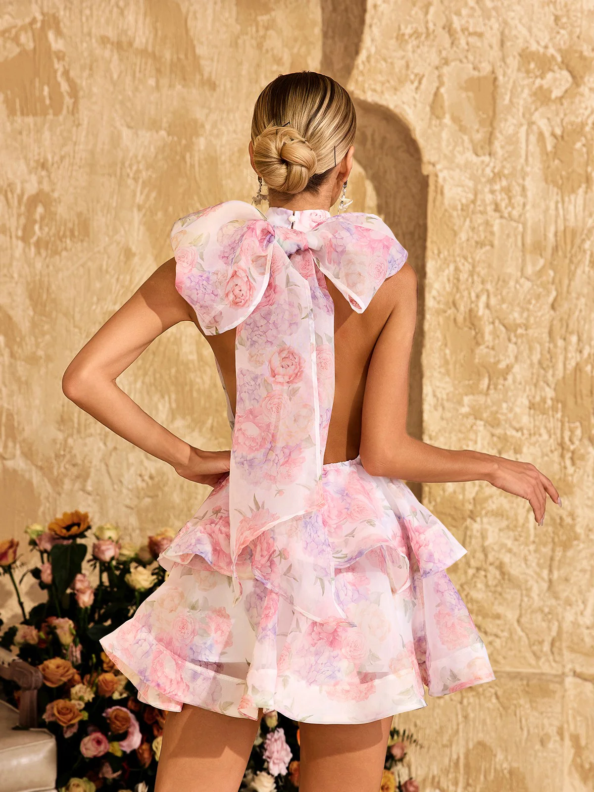 Alecto Backless Flower Printed Bow Mini Dress - Image 6