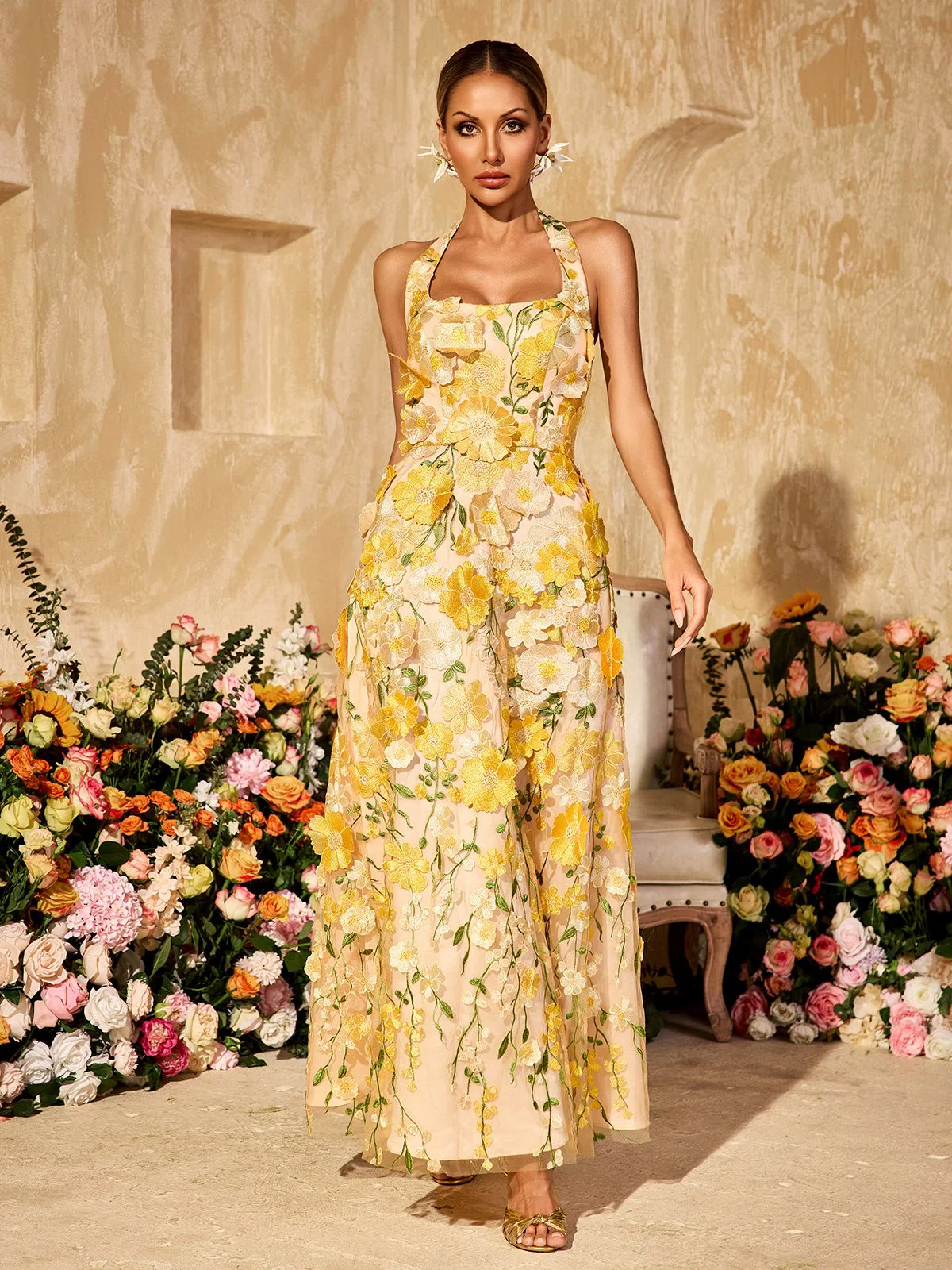 Alirio Halterneck Embroidered Flower Maxi Dress - Image 4