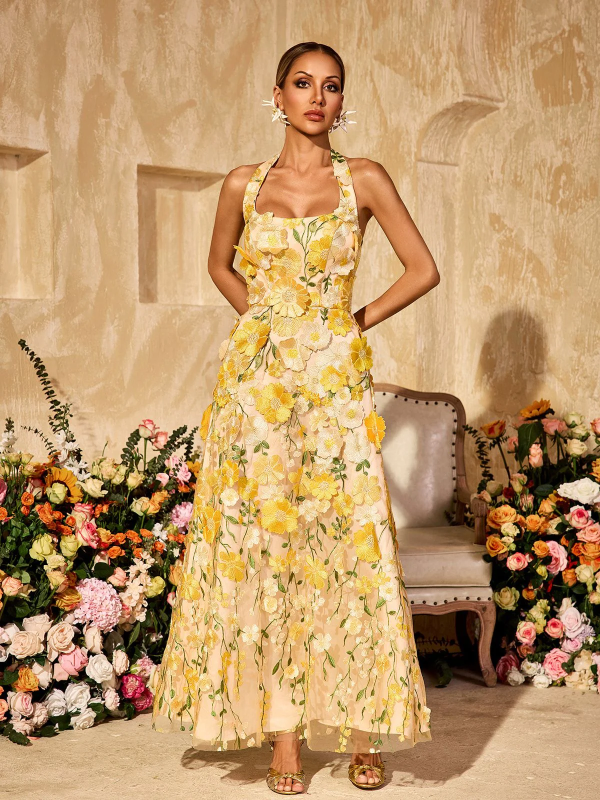 Alirio Halterneck Embroidered Flower Maxi Dress - Image 5