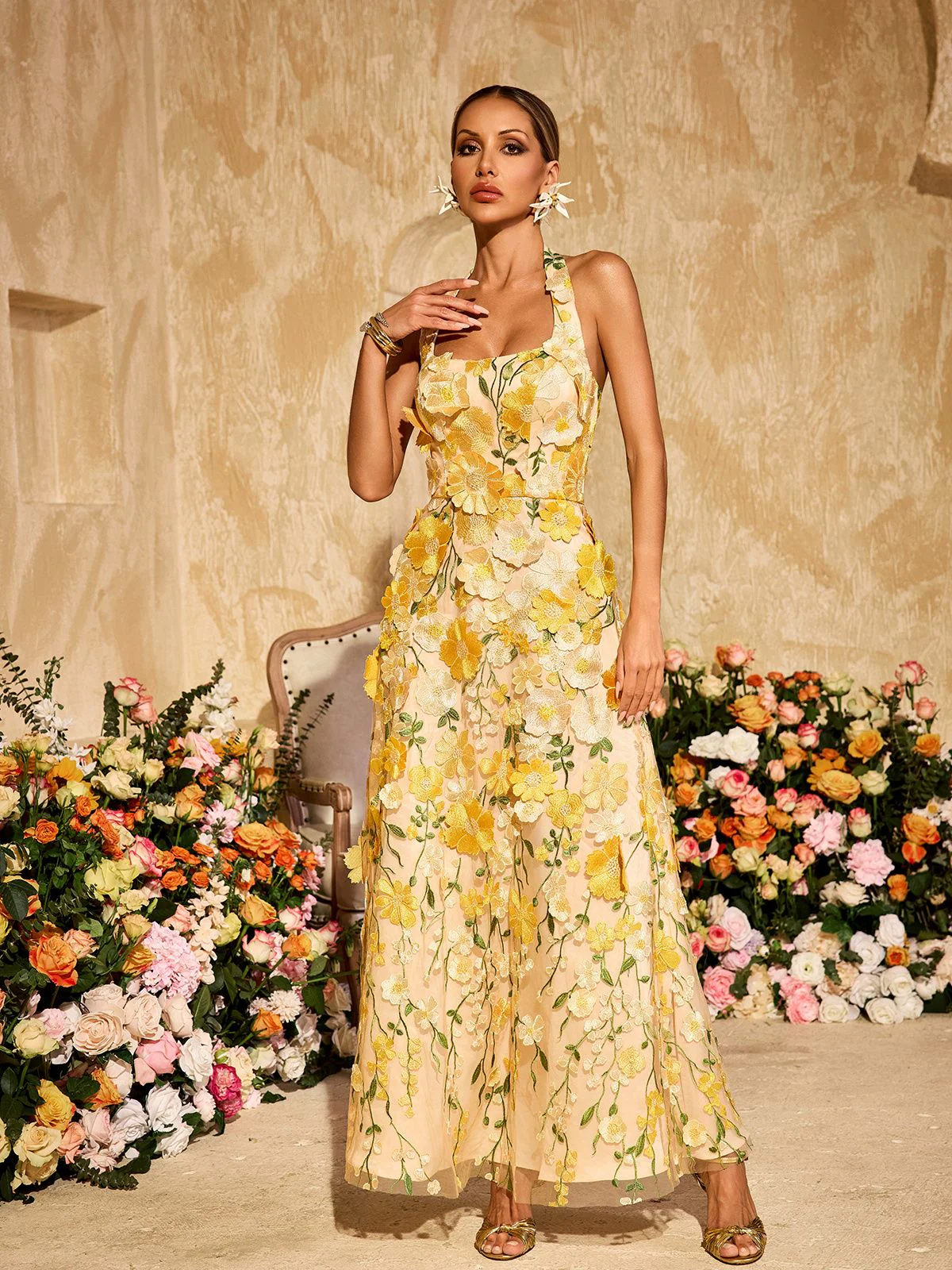 Alirio Halterneck Embroidered Flower Maxi Dress - Image 6