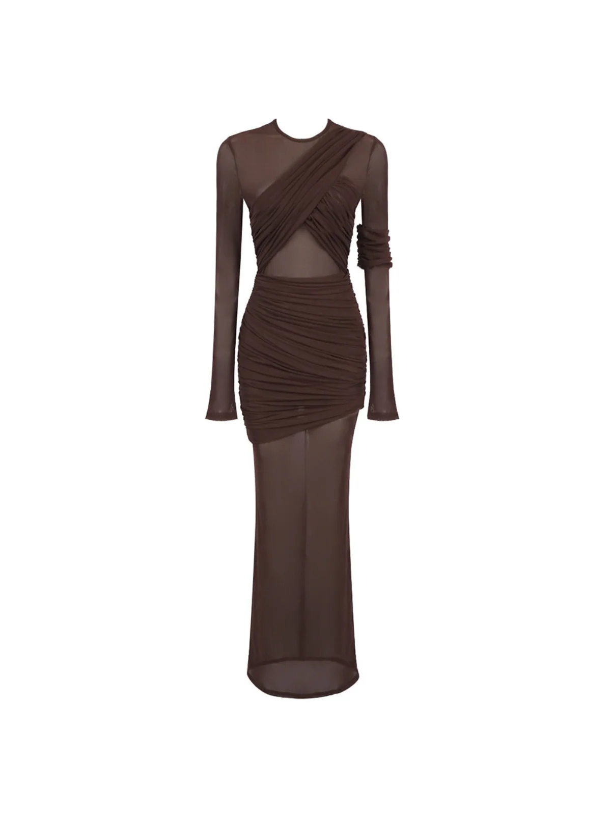 Alkas Long Sleeve Ruched Mesh Maxi Dress In Coffee - Image 7
