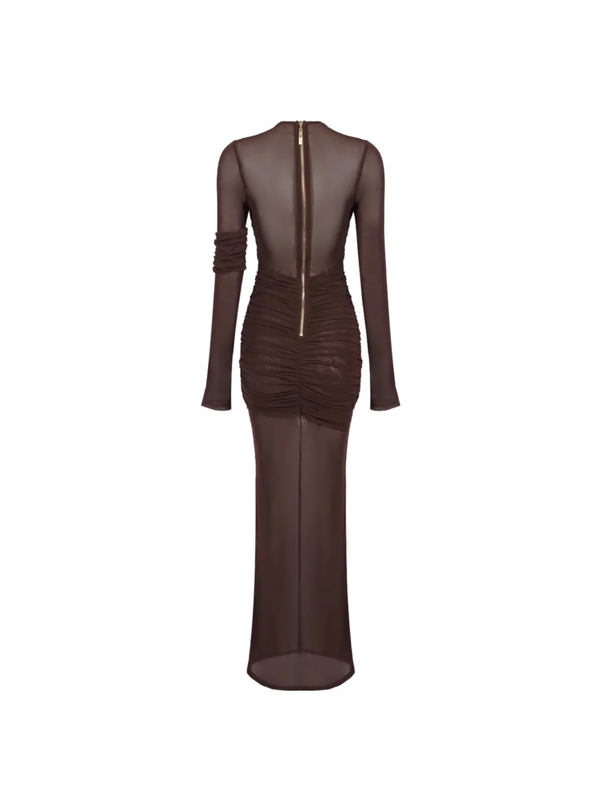 Alkas Long Sleeve Ruched Mesh Maxi Dress In Coffee - Image 8