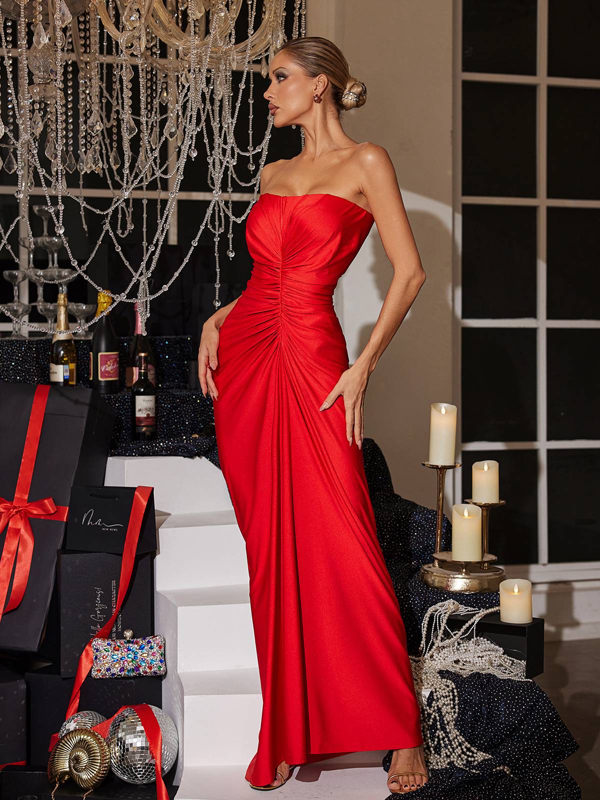 Allaire Strapless Ruched Satin Maxi Dress - Image 2