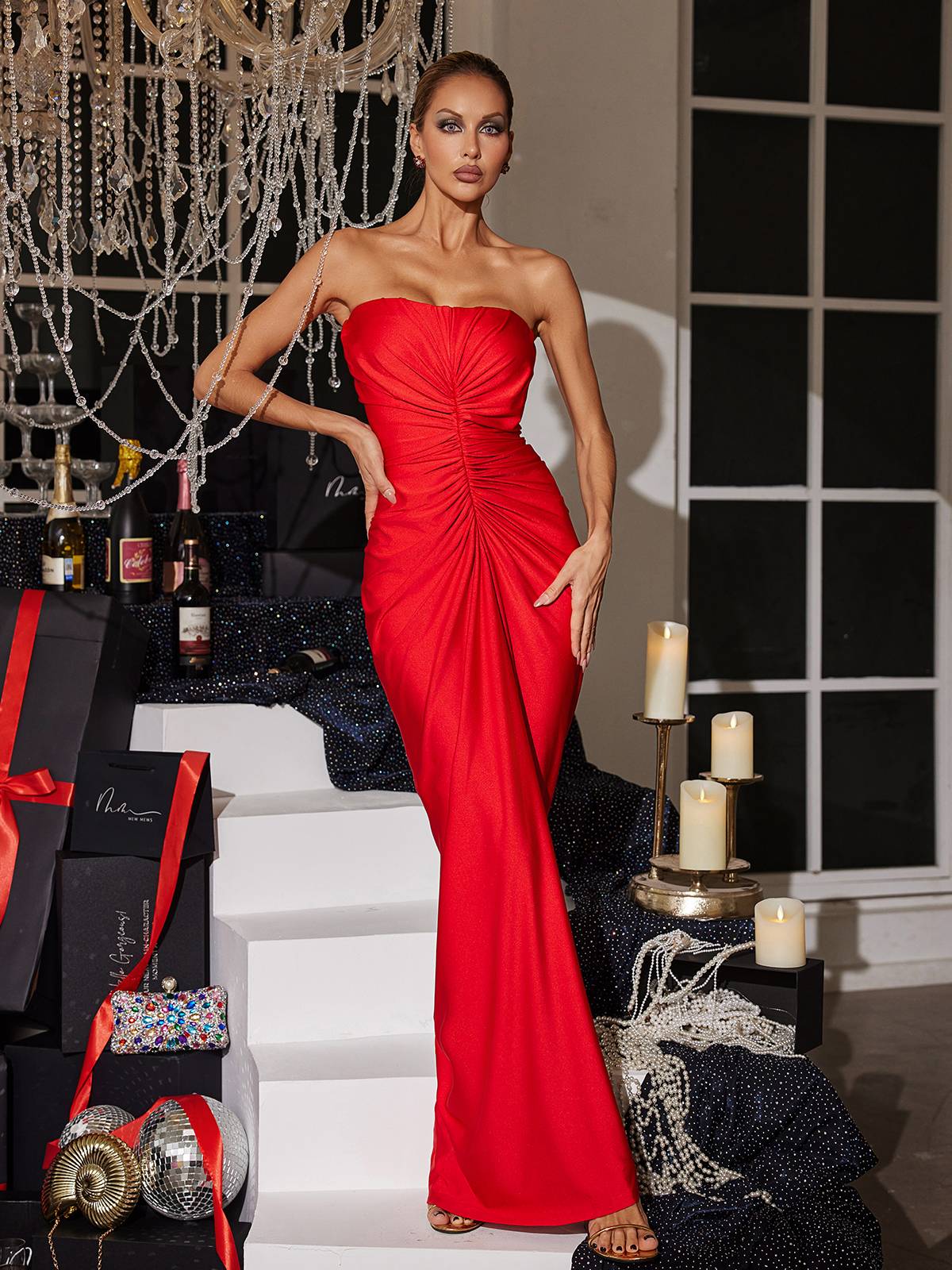 Allaire Strapless Ruched Satin Maxi Dress - Image 4