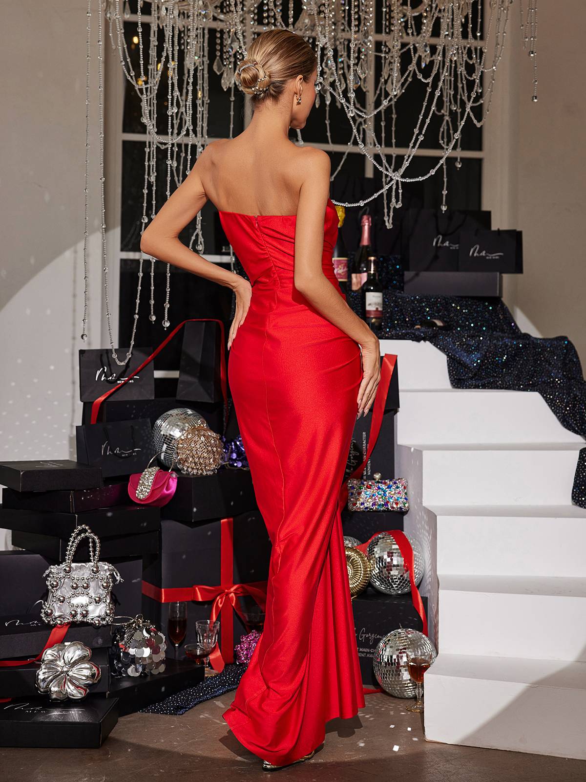 Allaire Strapless Ruched Satin Maxi Dress - Image 6