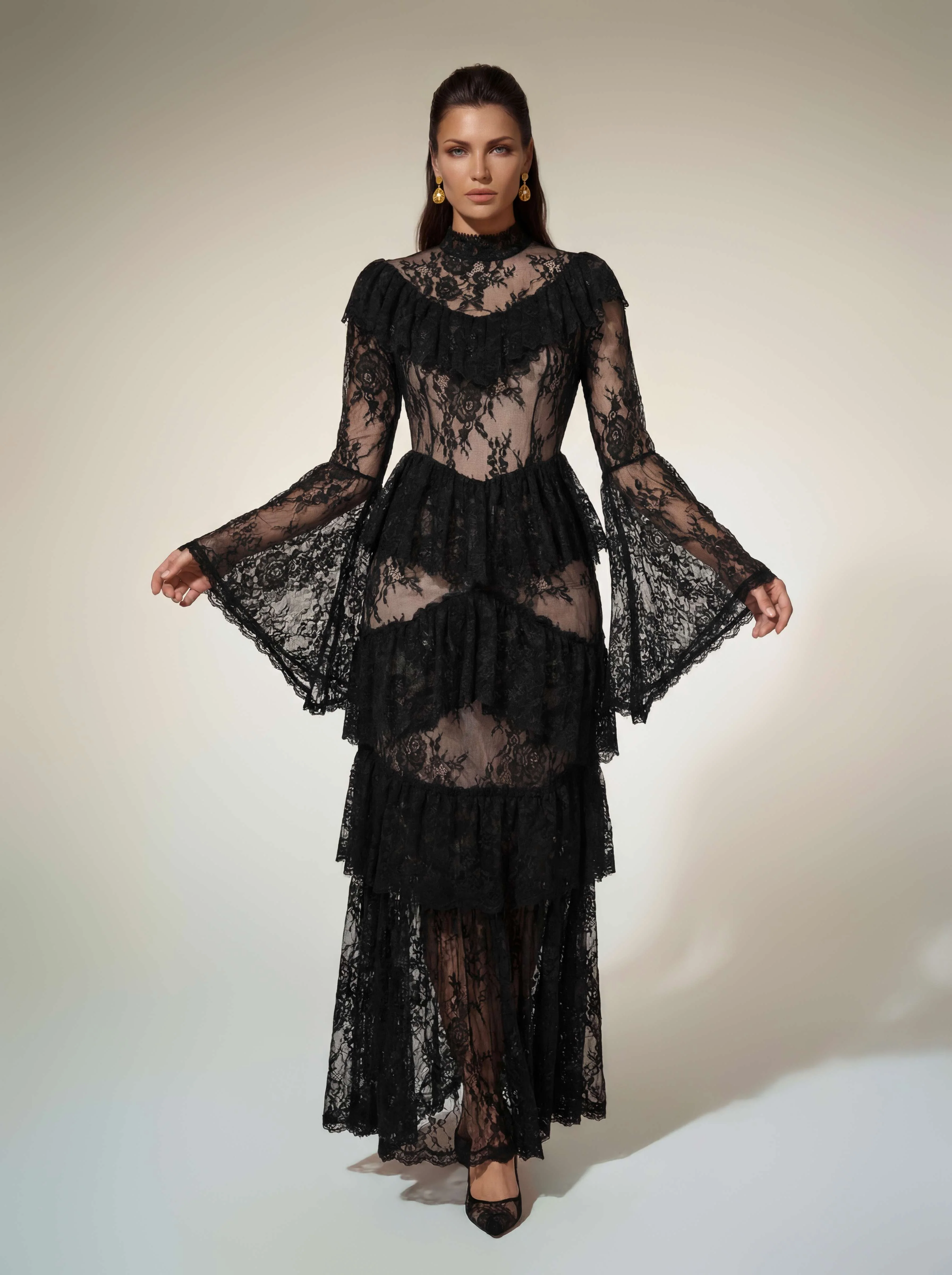 Aloysius Flare Sleeve Lace Ruffle Maxi Dress