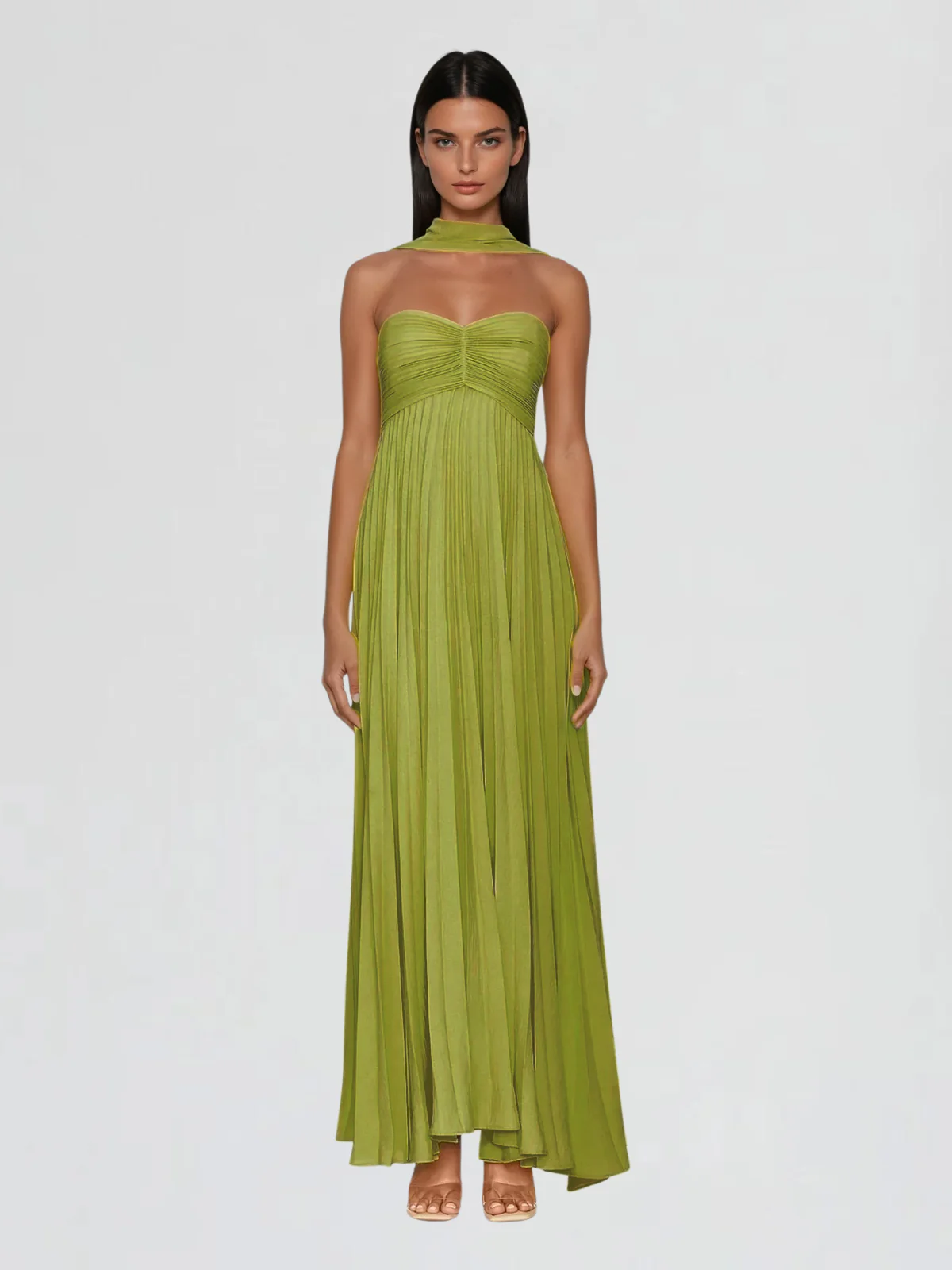 Alyxion Scarf Strapless Pleated Maxi Dress
