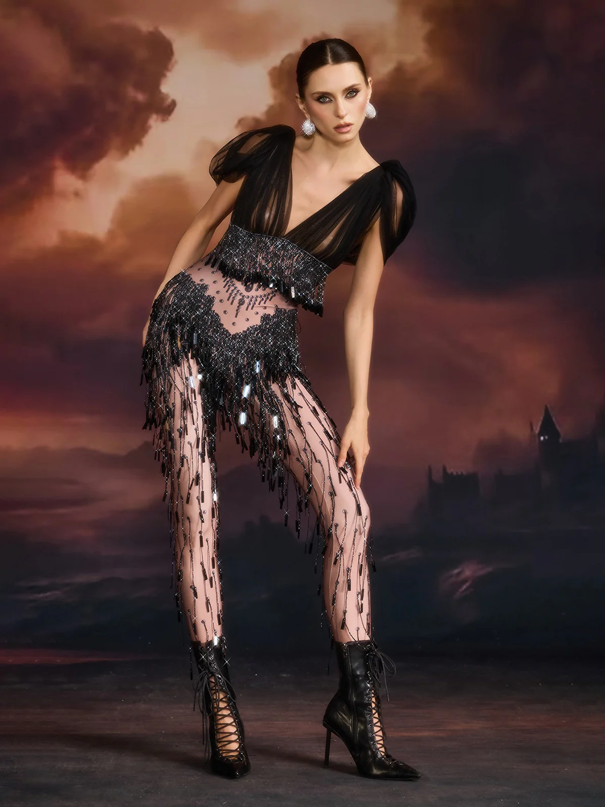 Ana V Neck Rhinestone Fringe Mesh Jumpsuit - Image 3
