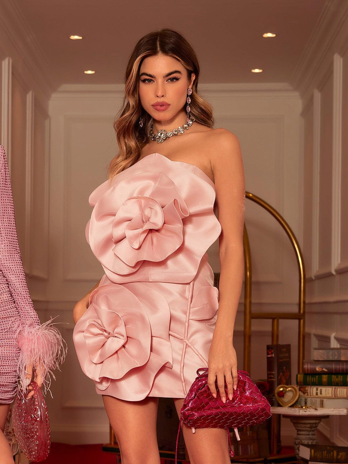 Anwen Strapless Flower Mini Dress In Blush - Image 3