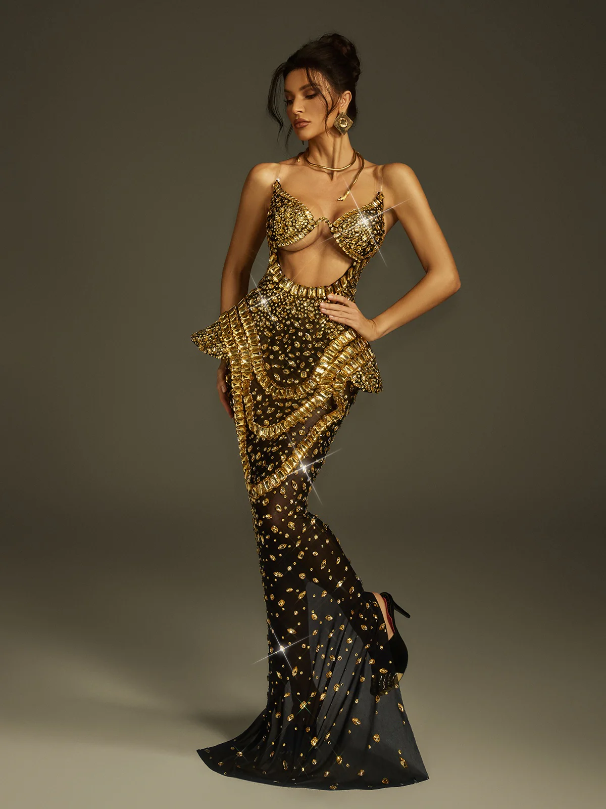 Arygon Strapless Cutout Crystal Maxi Dress In Black & Gold - Image 4