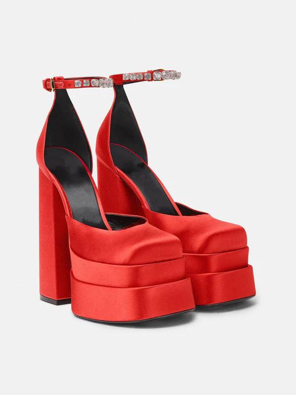 Aspen Satin Platform Pumps In Red - Image 6