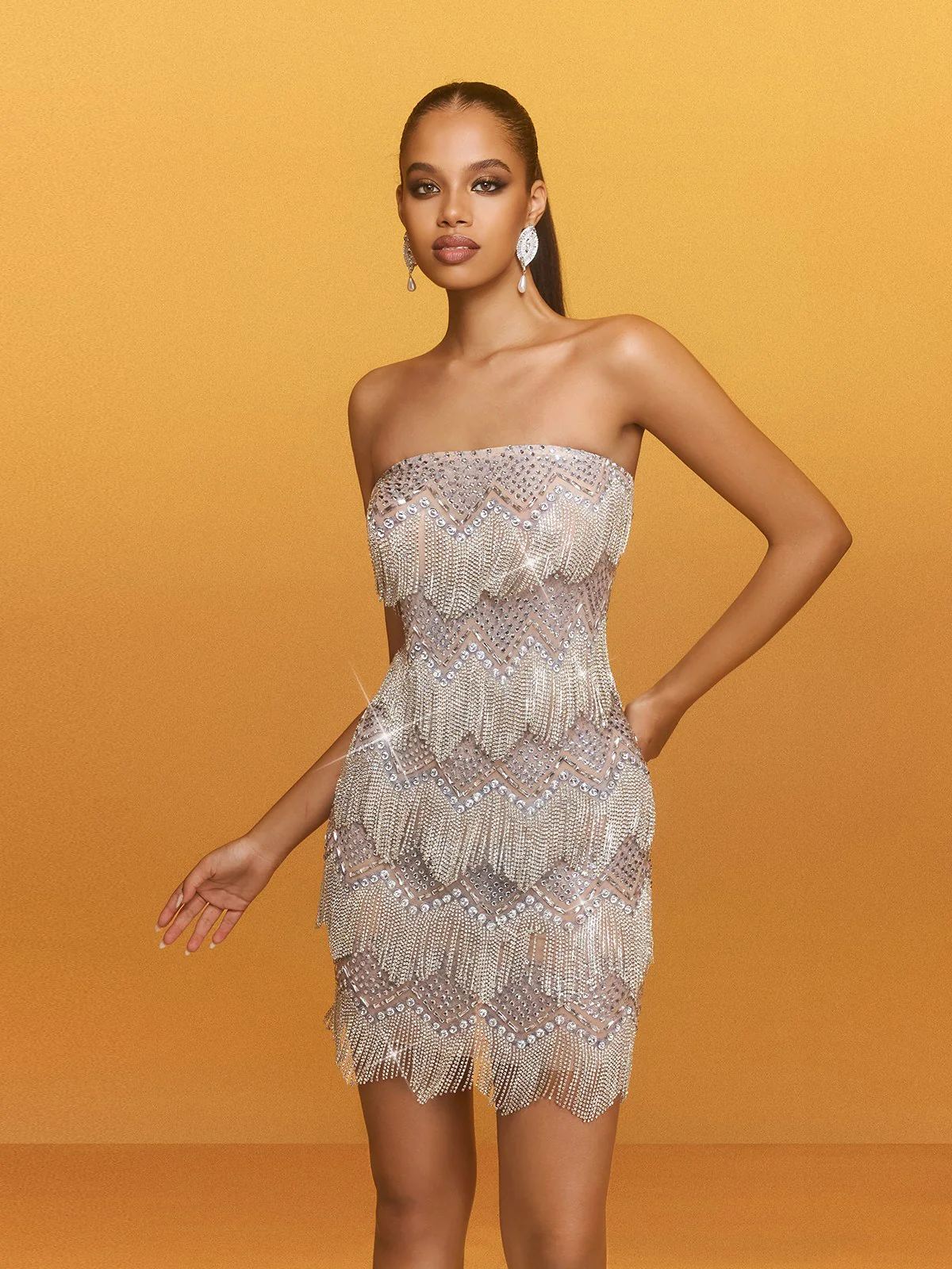Auvand Strapless Fringe Rhinestone Mini Dress - Image 4