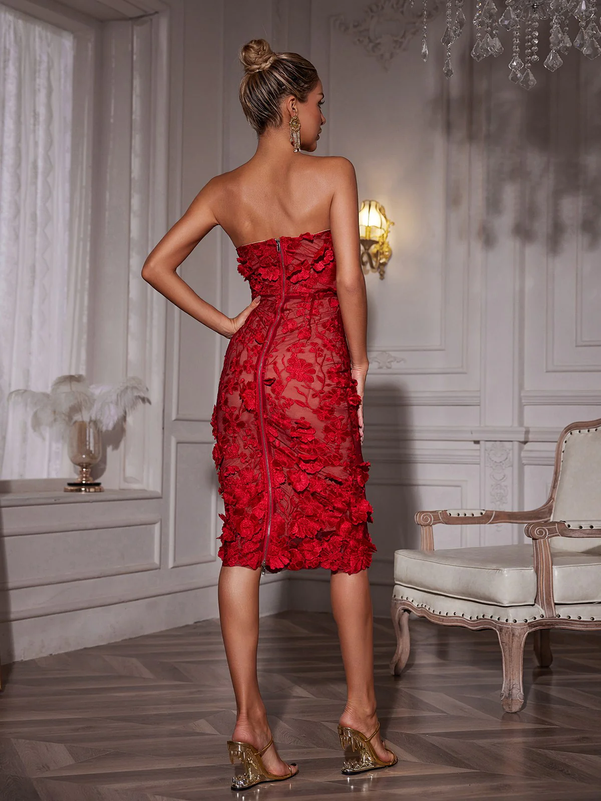 Avital Strapless Flower Midi Dress In Red - Image 6
