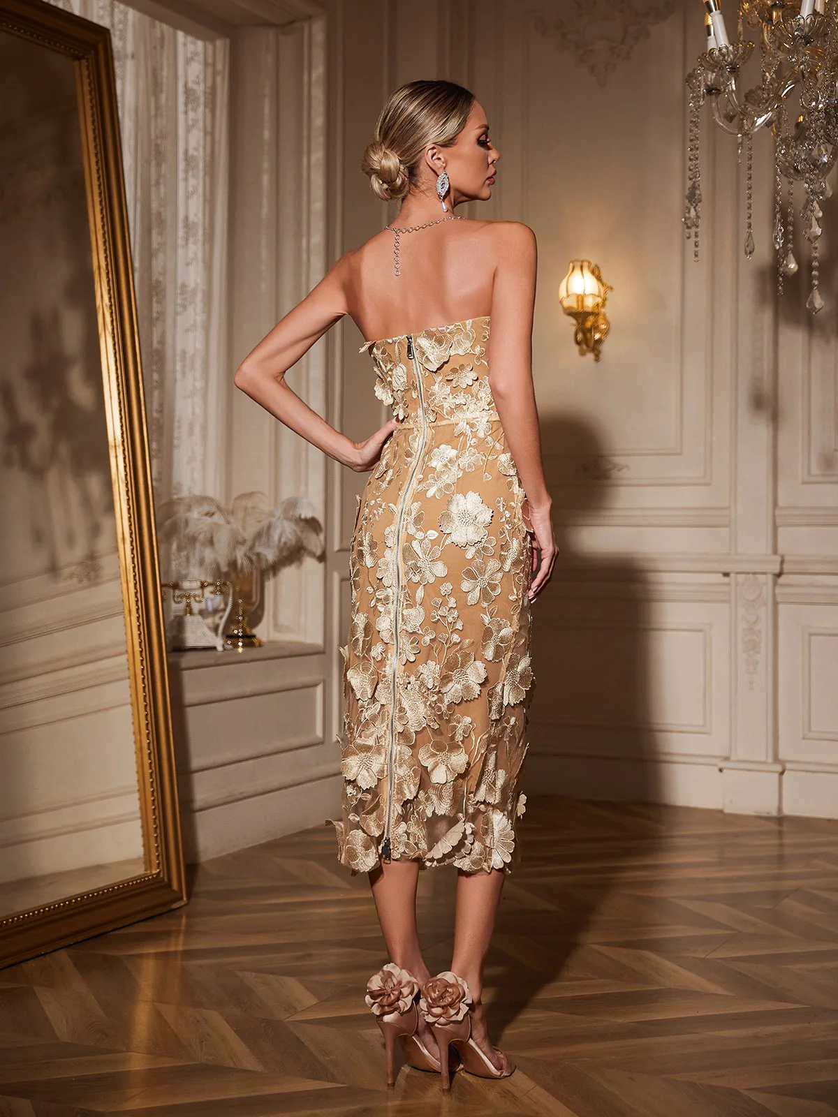 Avital Strapless Flower Midi Dress In Apricot - Image 6