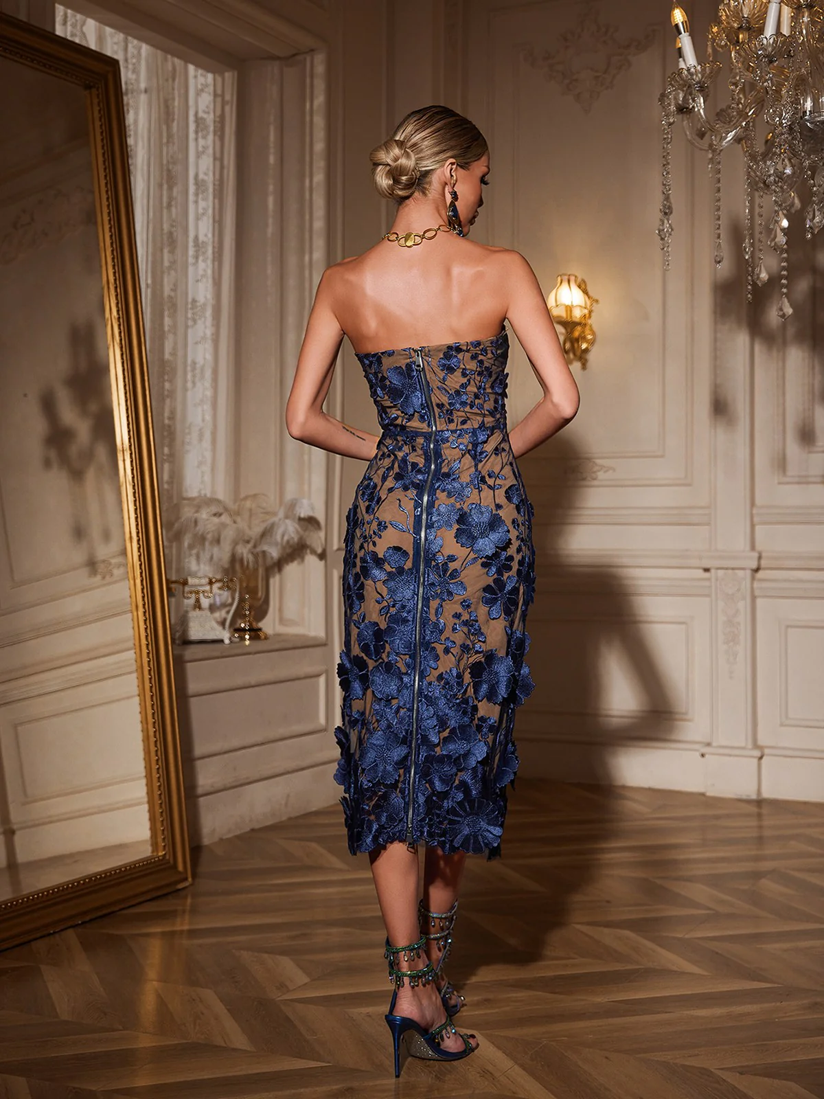 Avital Strapless Flower Midi Dress In Navy - Image 6