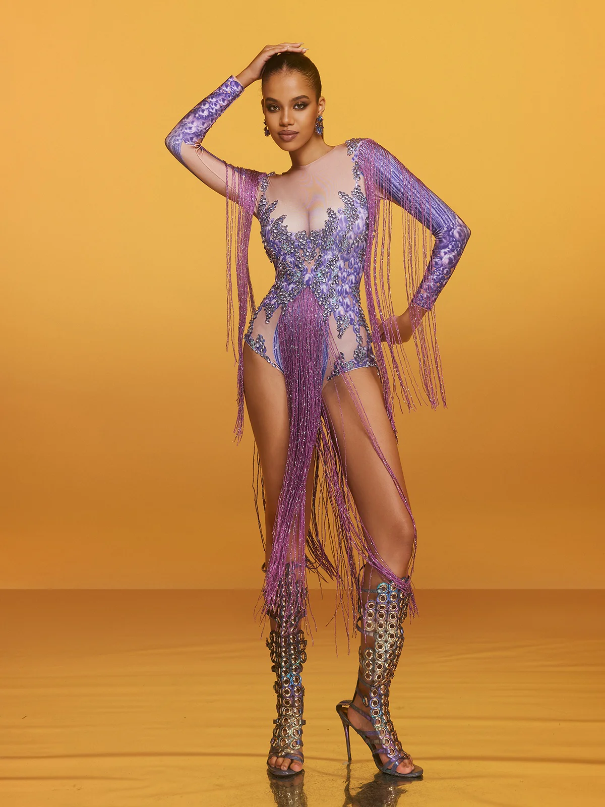 Azhrik Rhinestone Glitter Fringe Bodysuit - Image 3