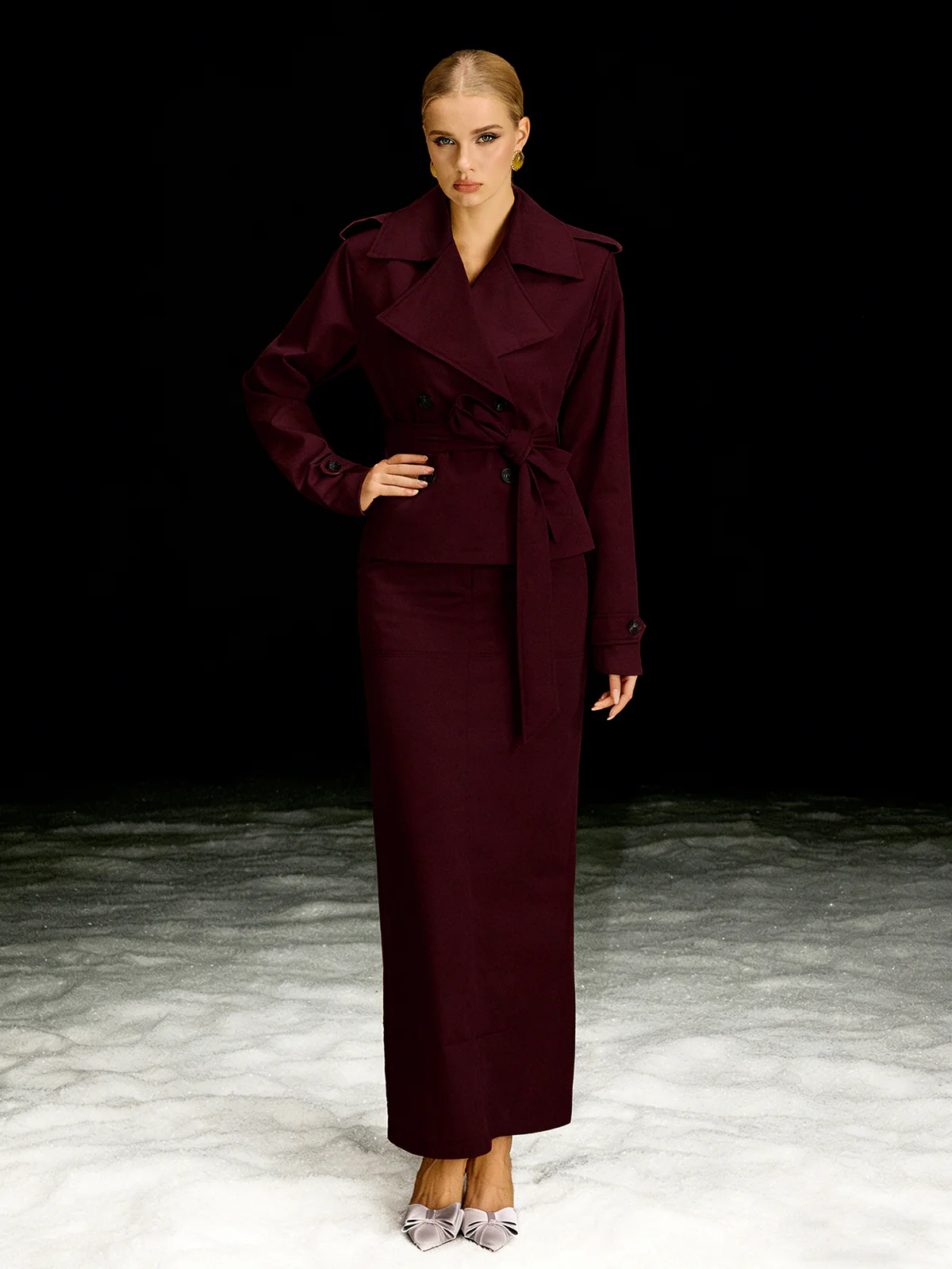 Barny Trench Coat Skirt Set In Wine