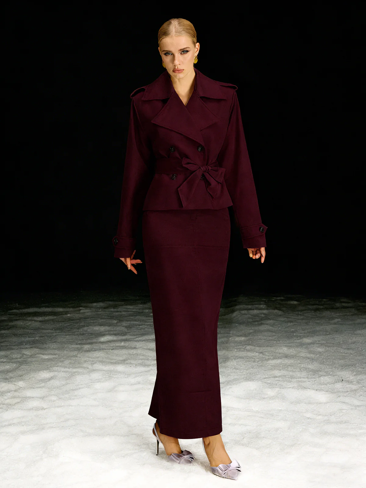 Barny Trench Coat Skirt Set In Wine - Image 3