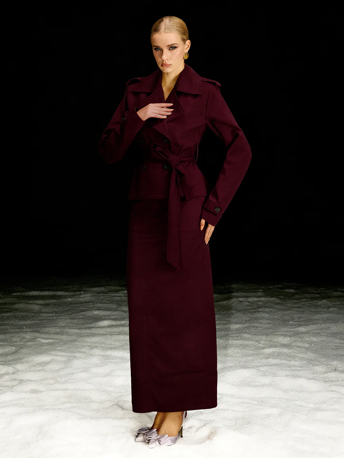 Barny Trench Coat Skirt Set In Wine - Image 4