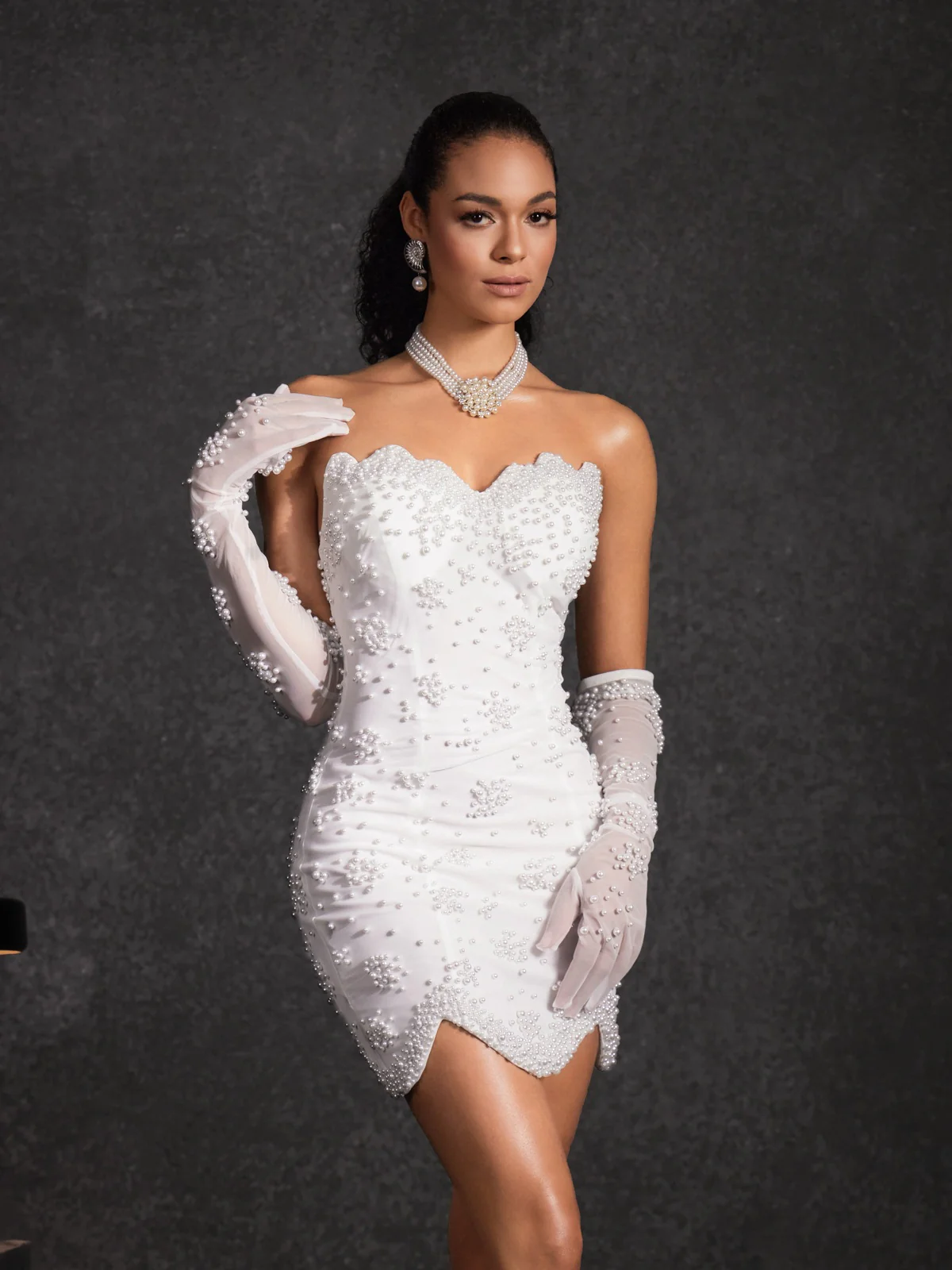 Bautista Strapless Pearl Mini Dress With Gloves - Image 2