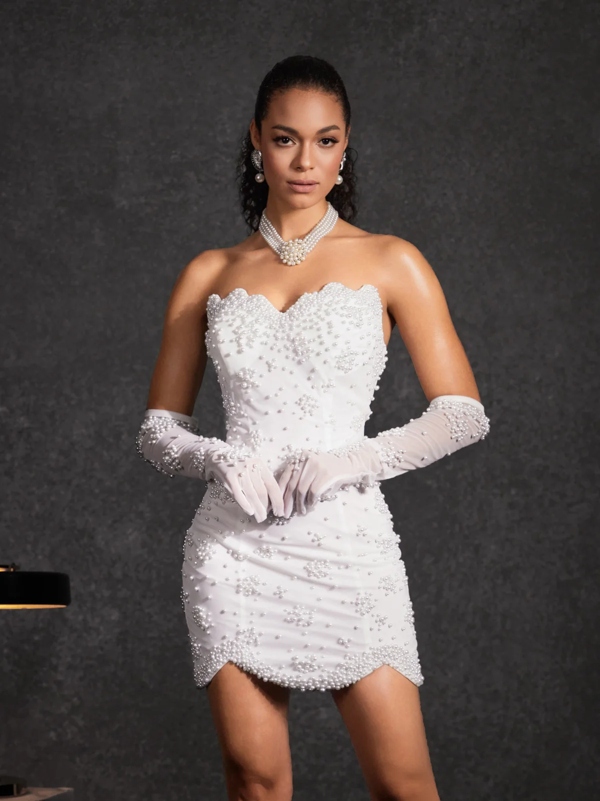 Bautista Strapless Pearl Mini Dress With Gloves - Image 4