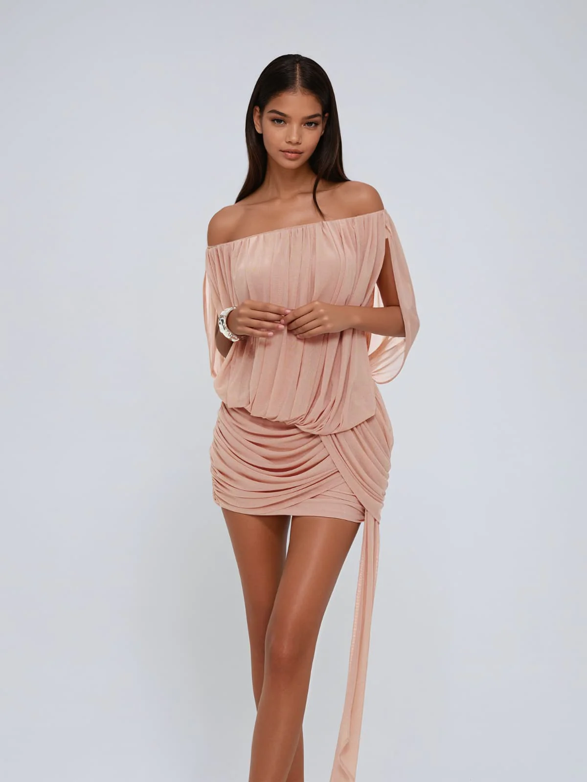 Beltharic Off Shoulder Draped Mini Dress In Brick