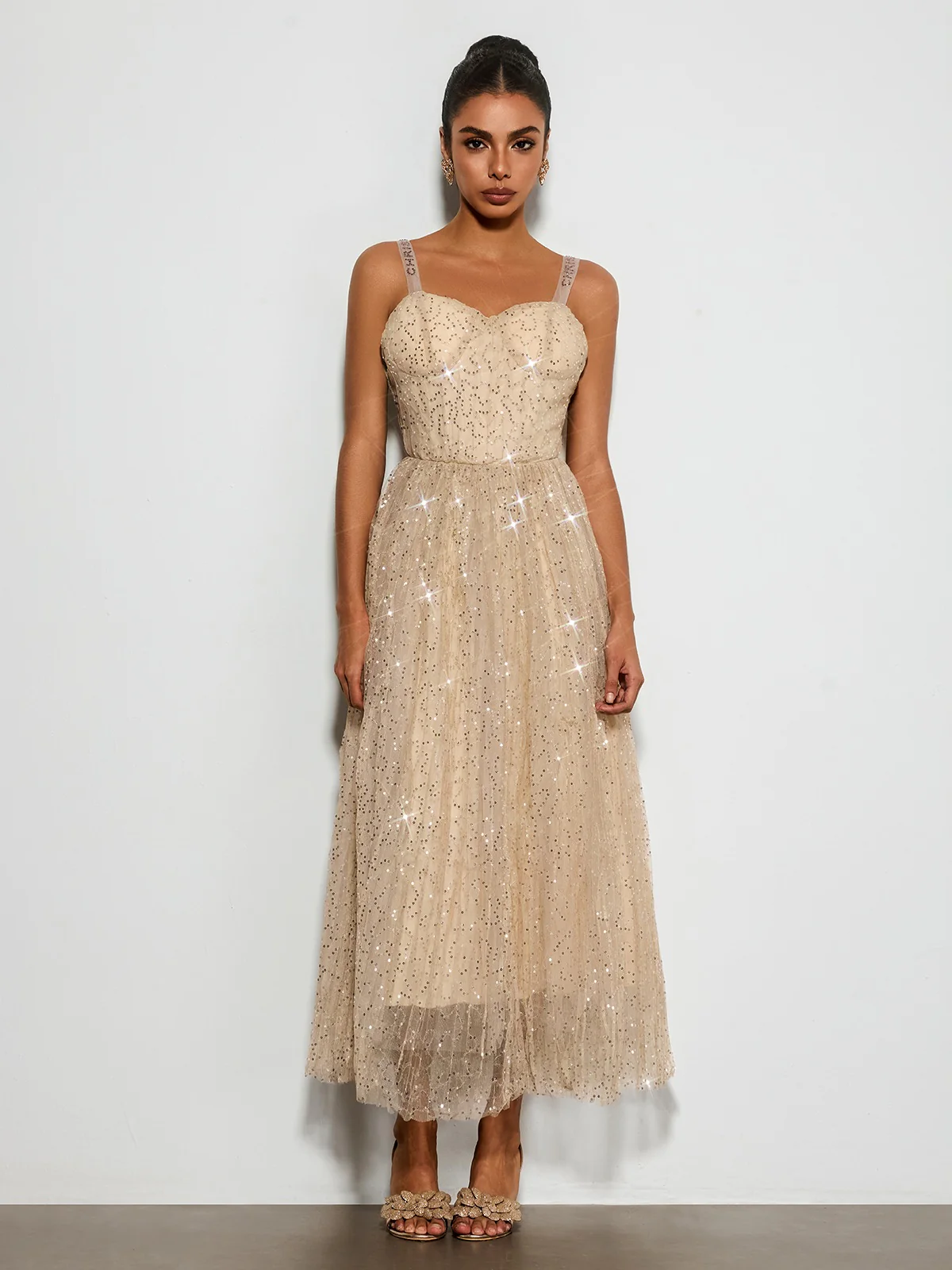 Belyric Mesh Sequin Flared Maxi Dress