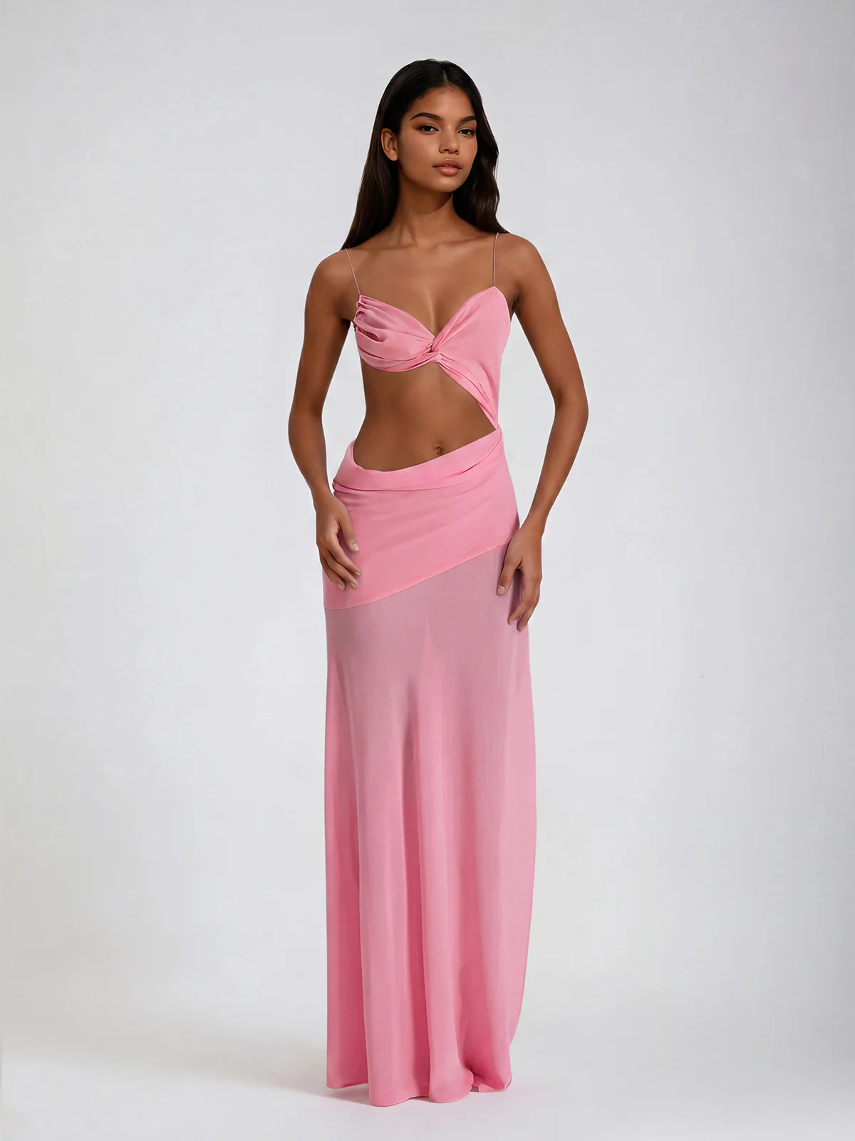 Beryvin Spaghetti Cutout Split Maxi Dress In Pink - Image 2