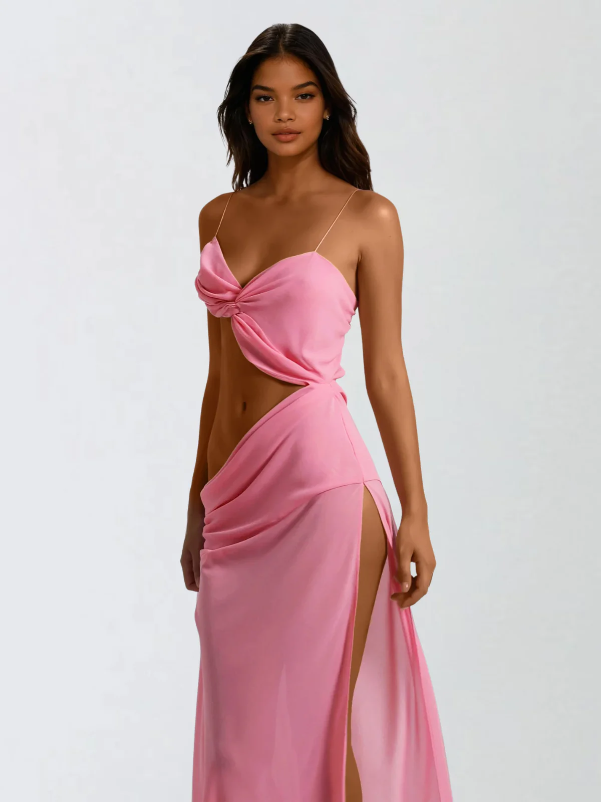 Beryvin Spaghetti Cutout Split Maxi Dress In Pink - Image 4