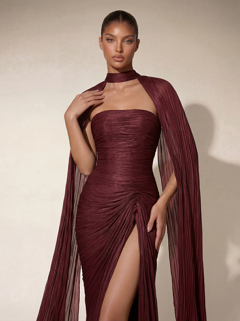 Bravexia Cape Ruched Split Maxi Dress In Wine - Image 2