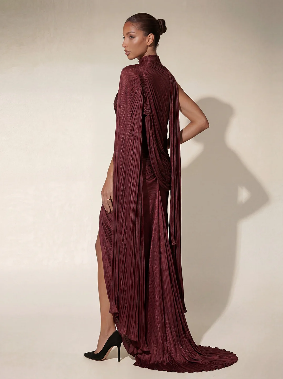 Bravexia Cape Ruched Split Maxi Dress In Wine - Image 3