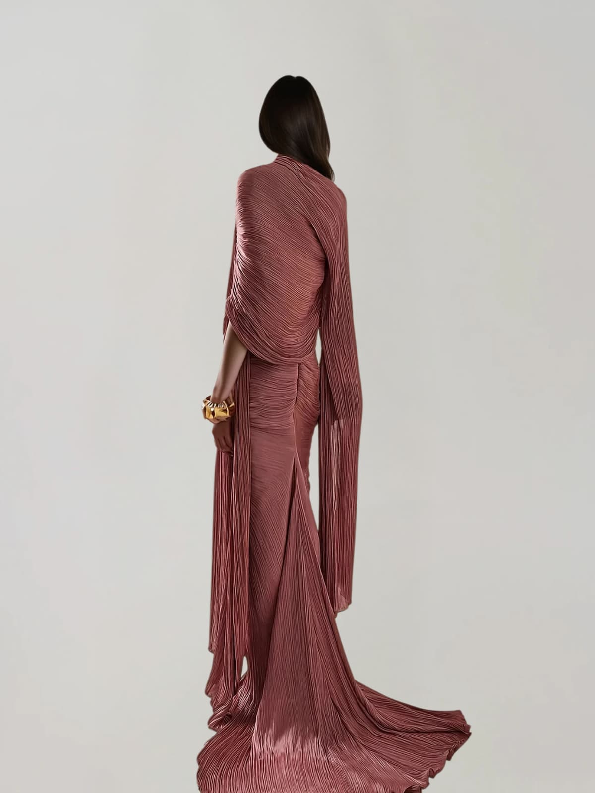 Bravexia Cape Ruched Split Maxi Dress In Dark Pink - Image 3