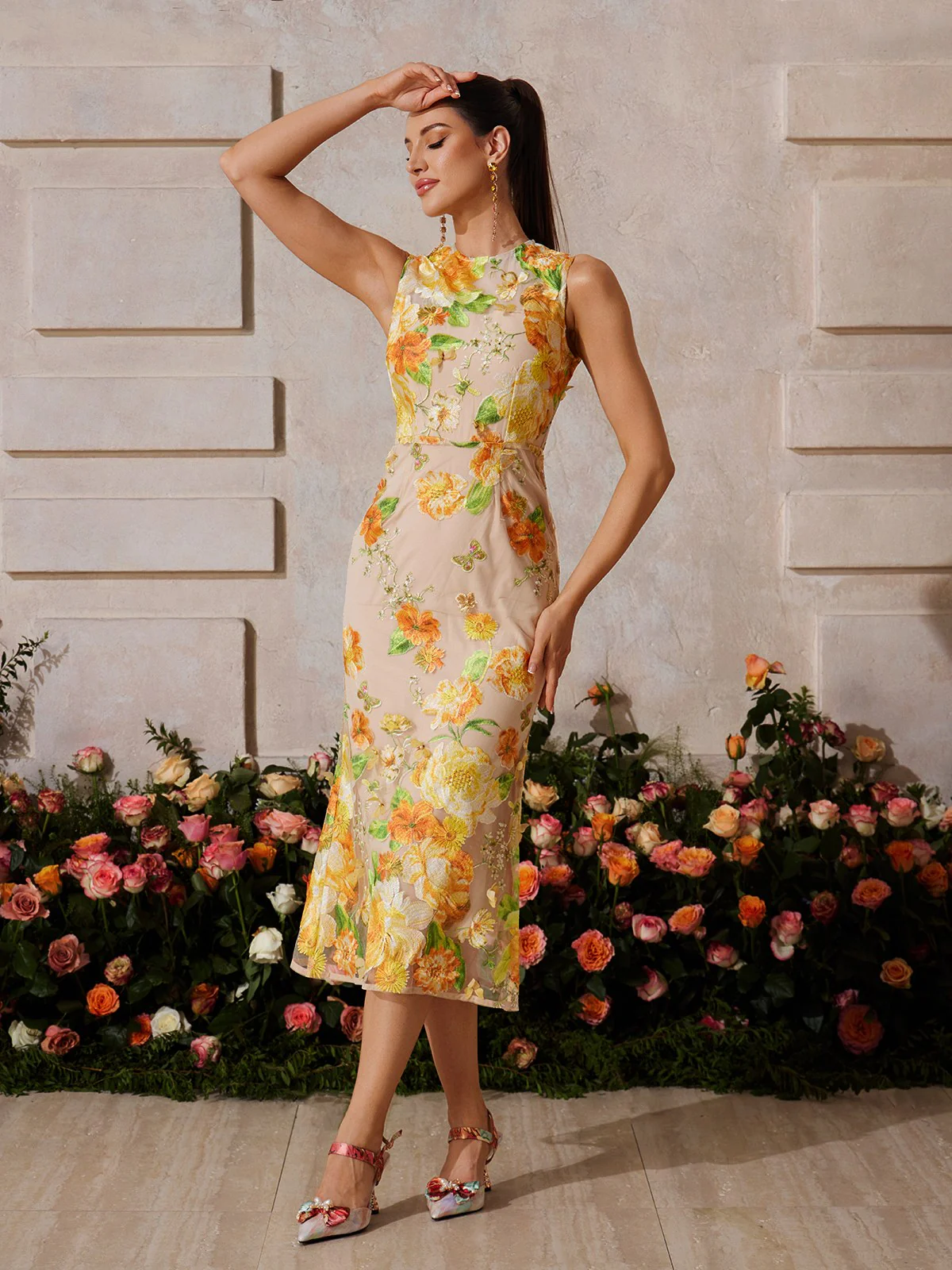 Braxis Sleeveless Flower Embroidered Midi Dress - Image 2