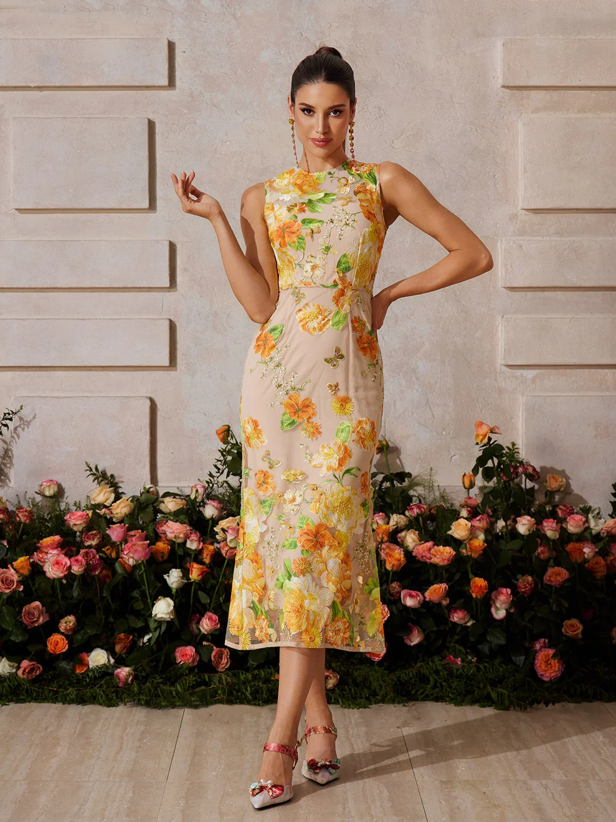 Braxis Sleeveless Flower Embroidered Midi Dress - Image 4