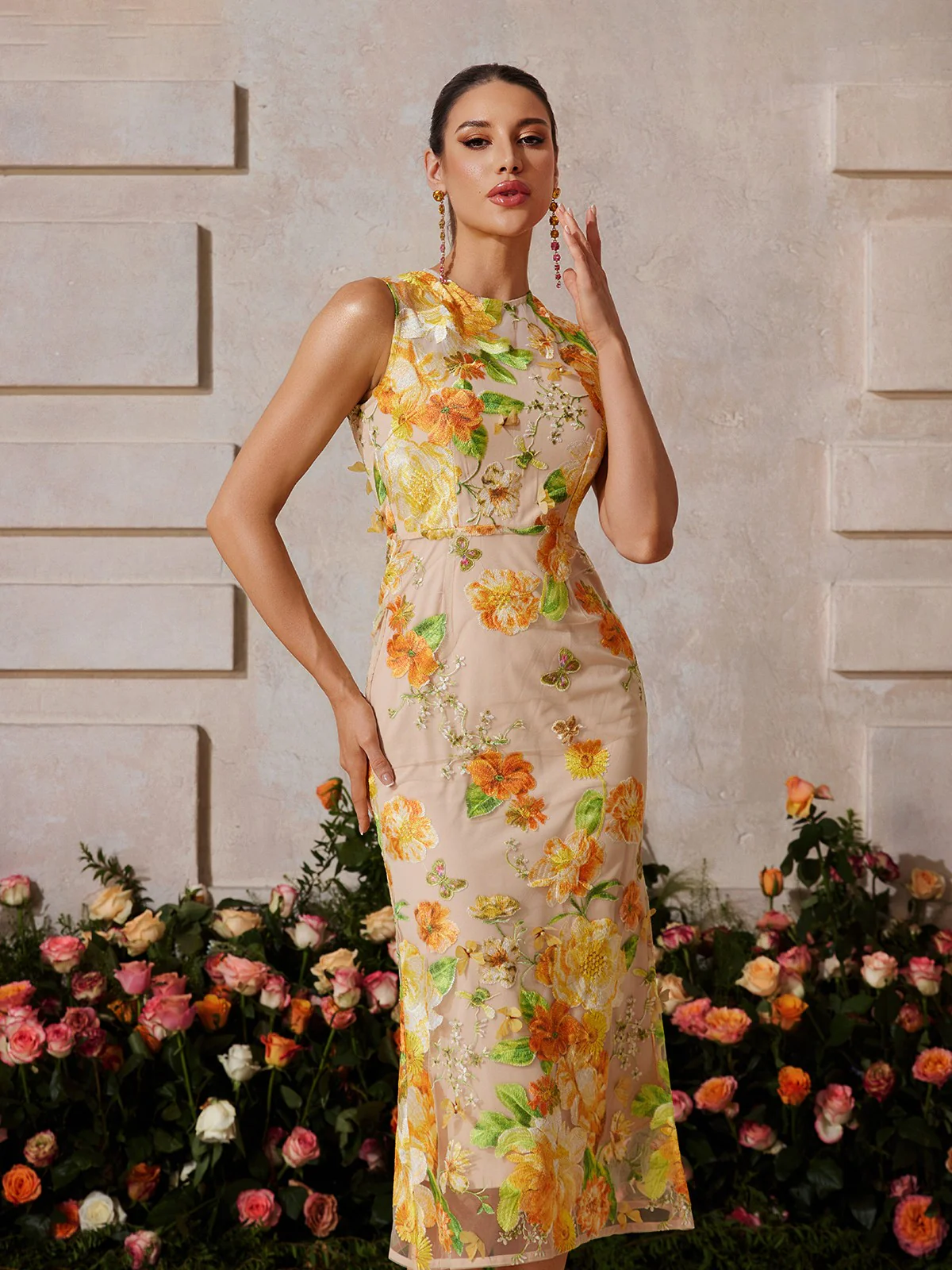 Braxis Sleeveless Flower Embroidered Midi Dress - Image 5