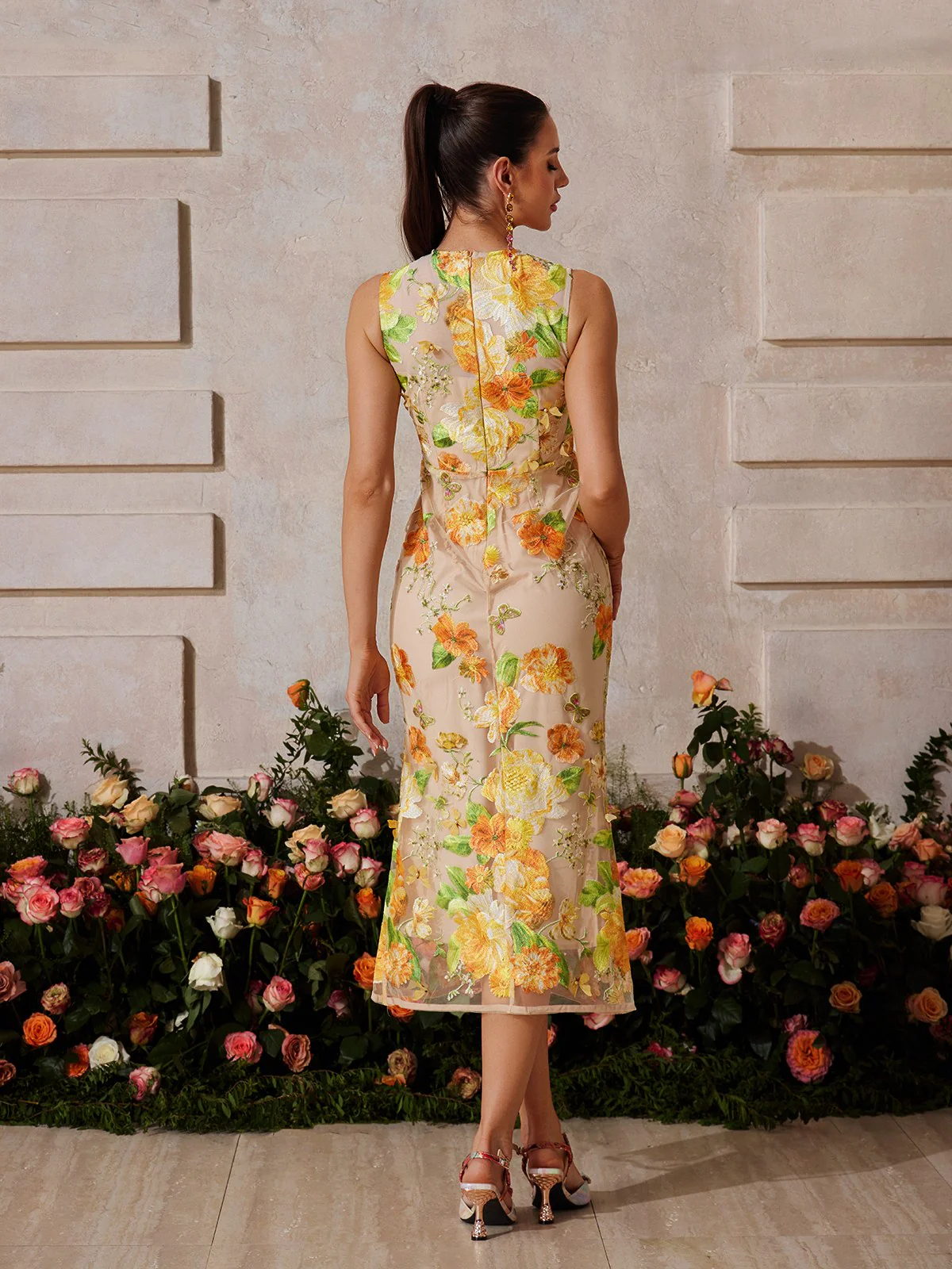 Braxis Sleeveless Flower Embroidered Midi Dress - Image 6