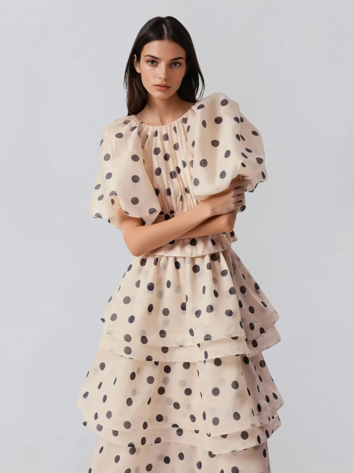 Brelix Puff Sleeve Dot Ruffle Skirt Set - Image 2