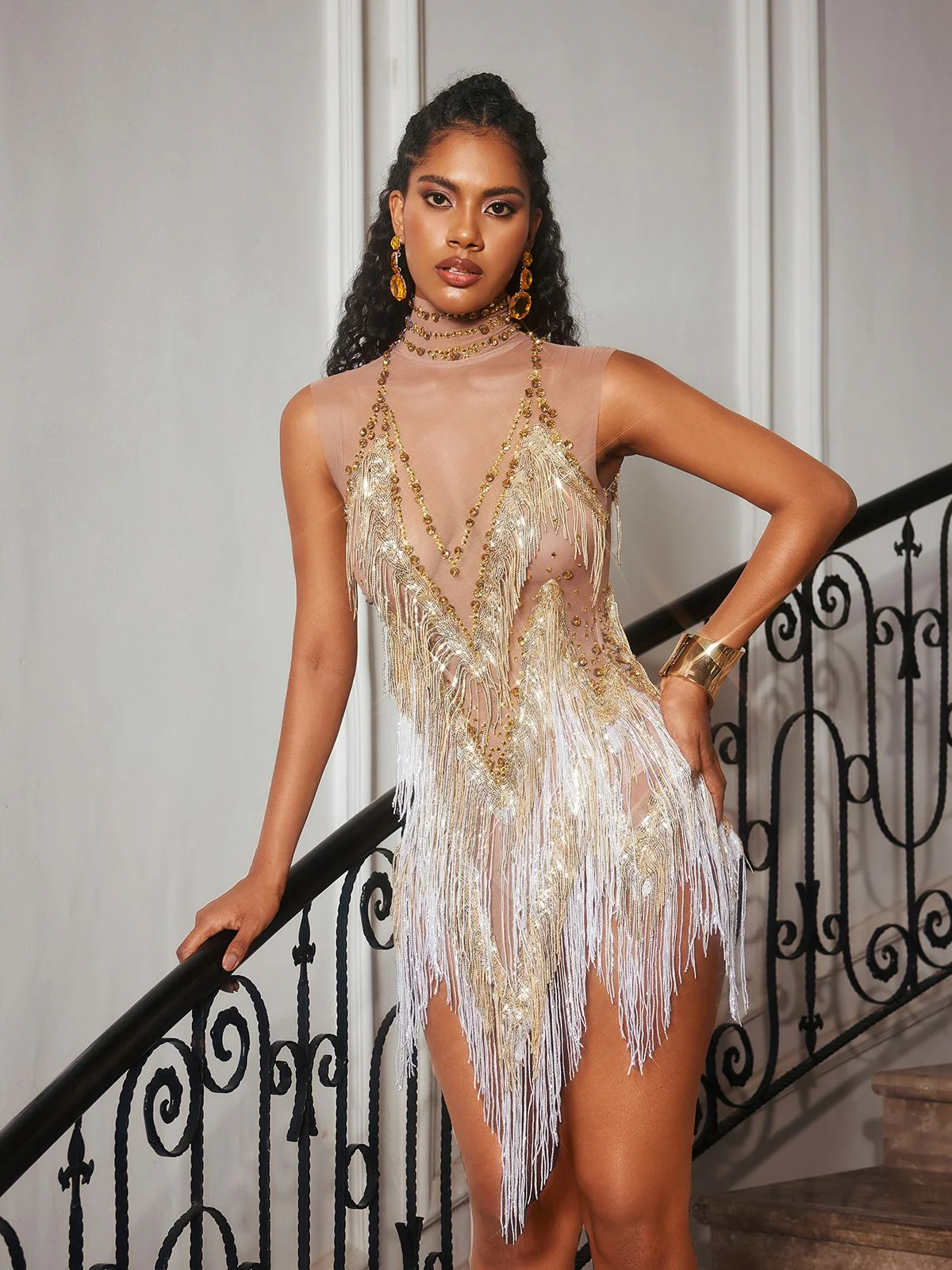 Buggan Rhinestone Fringe Mesh Mini Bodysuit In Gold - Image 2