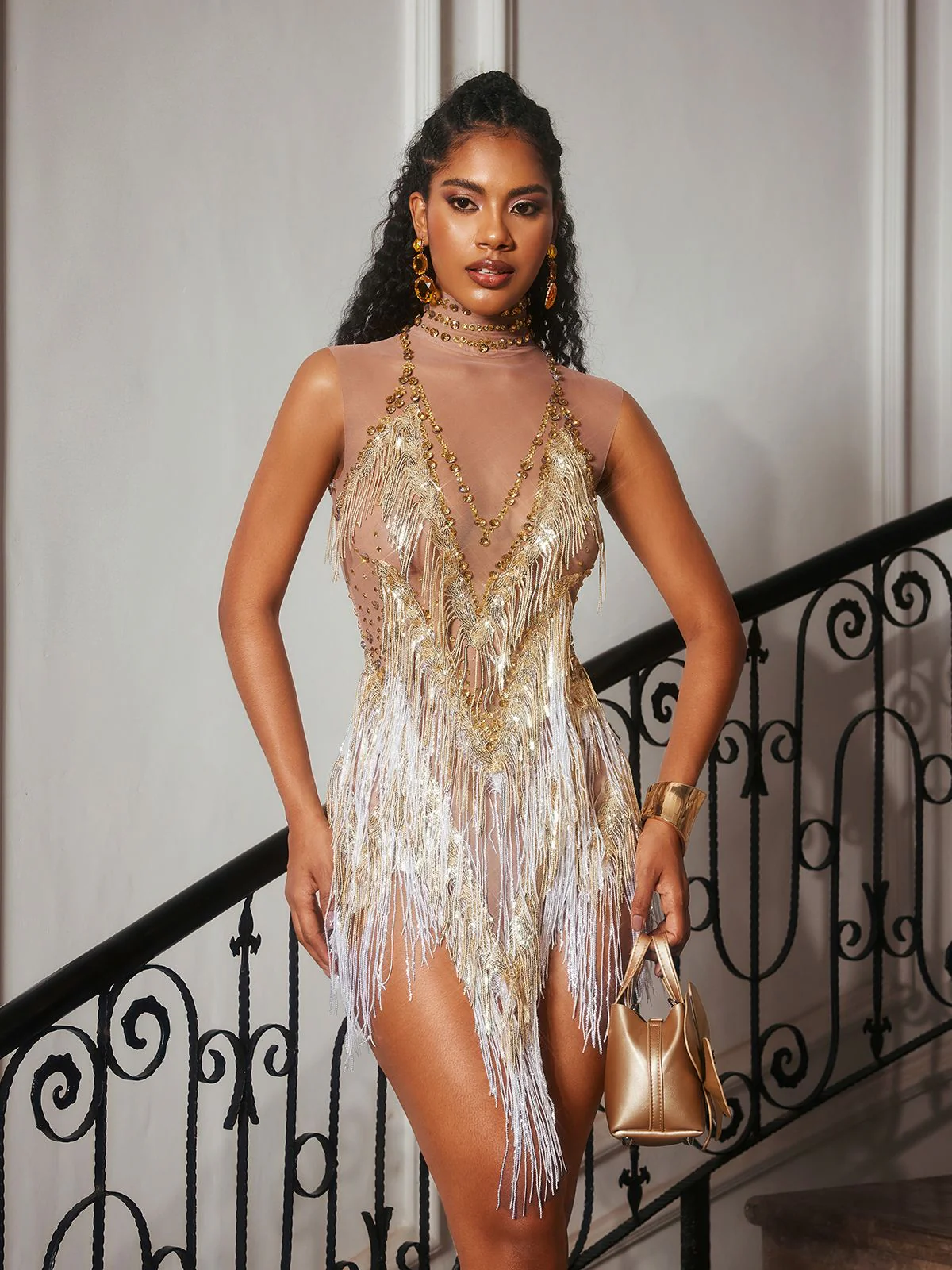 Buggan Rhinestone Fringe Mesh Mini Bodysuit In Gold - Image 3