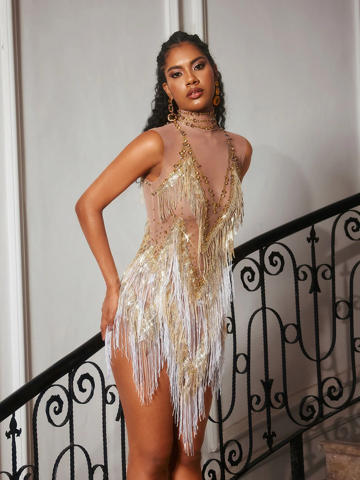 Buggan Rhinestone Fringe Mesh Mini Bodysuit In Gold - Image 4