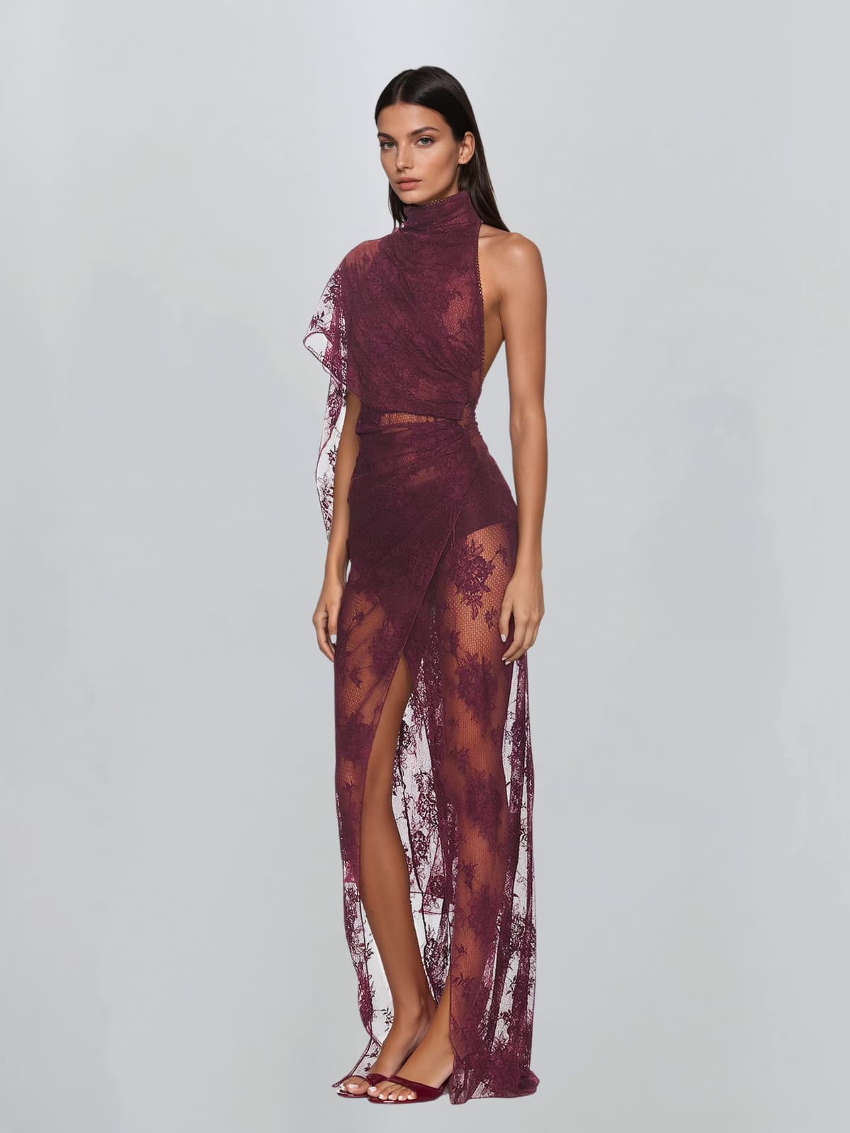 Caedrix High Neck Lace Split Maxi Dress - Image 3