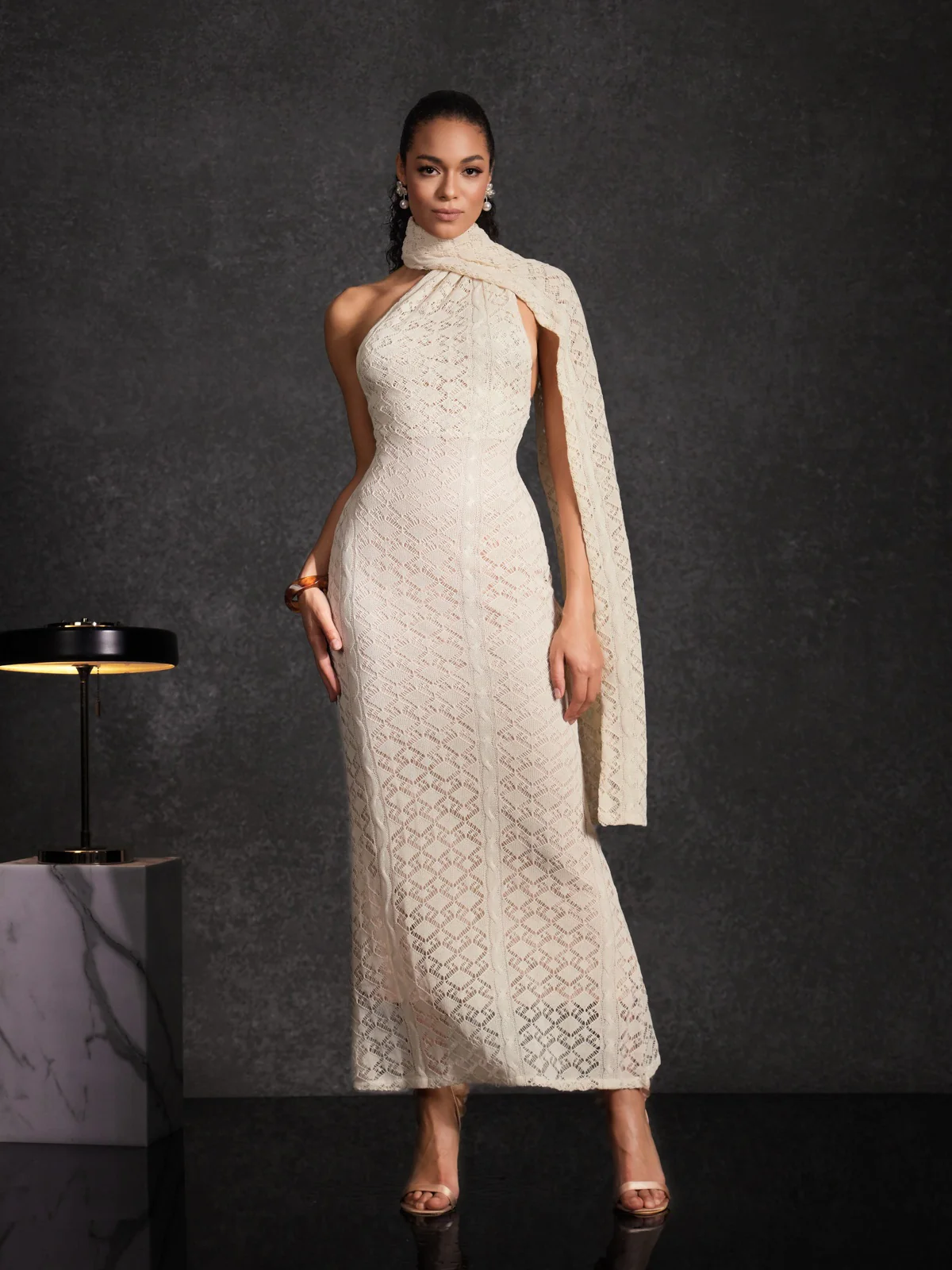 Calore Backless Shawl Cutout Maxi Dress In Apricot