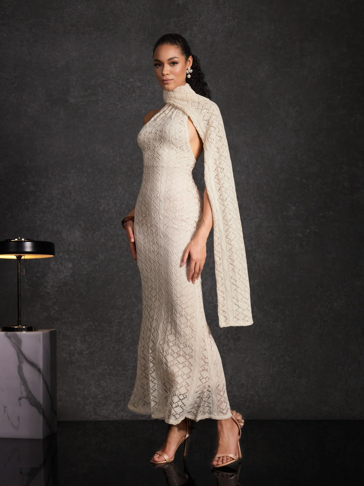 Calore Backless Shawl Cutout Maxi Dress In Apricot - Image 2