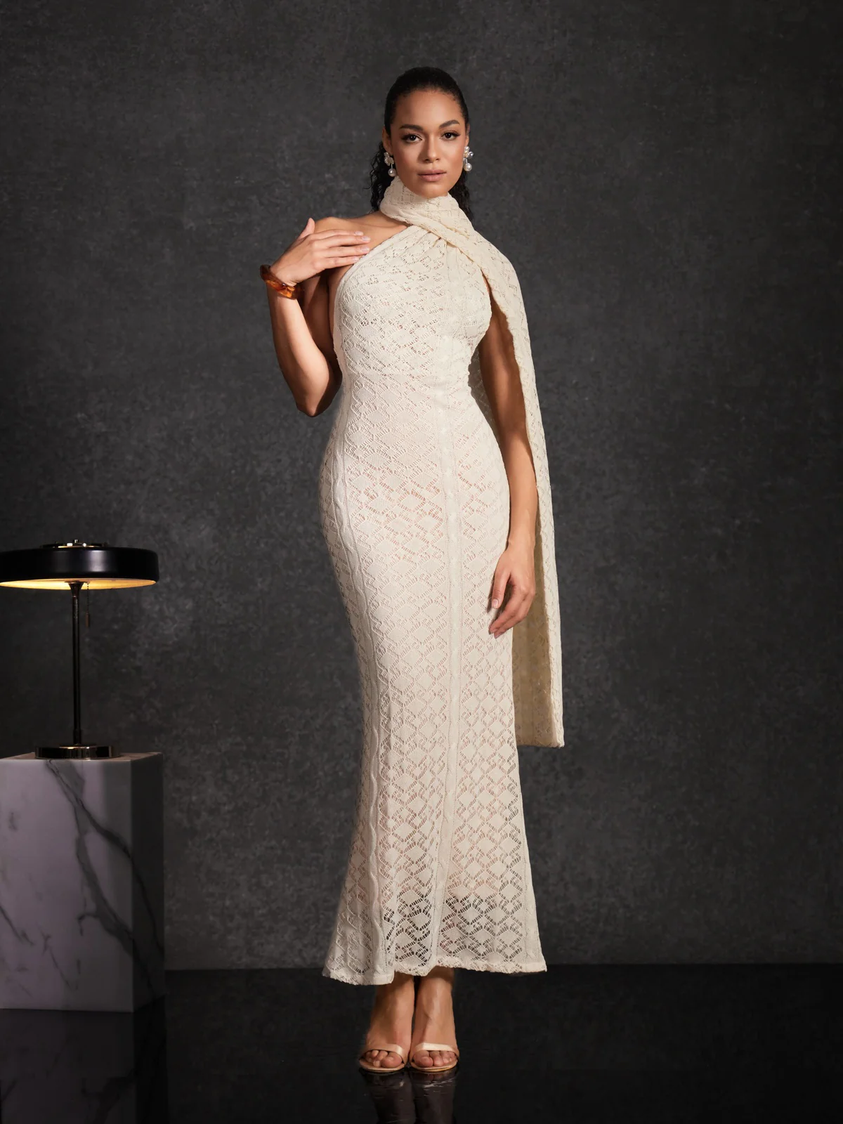 Calore Backless Shawl Cutout Maxi Dress In Apricot - Image 3