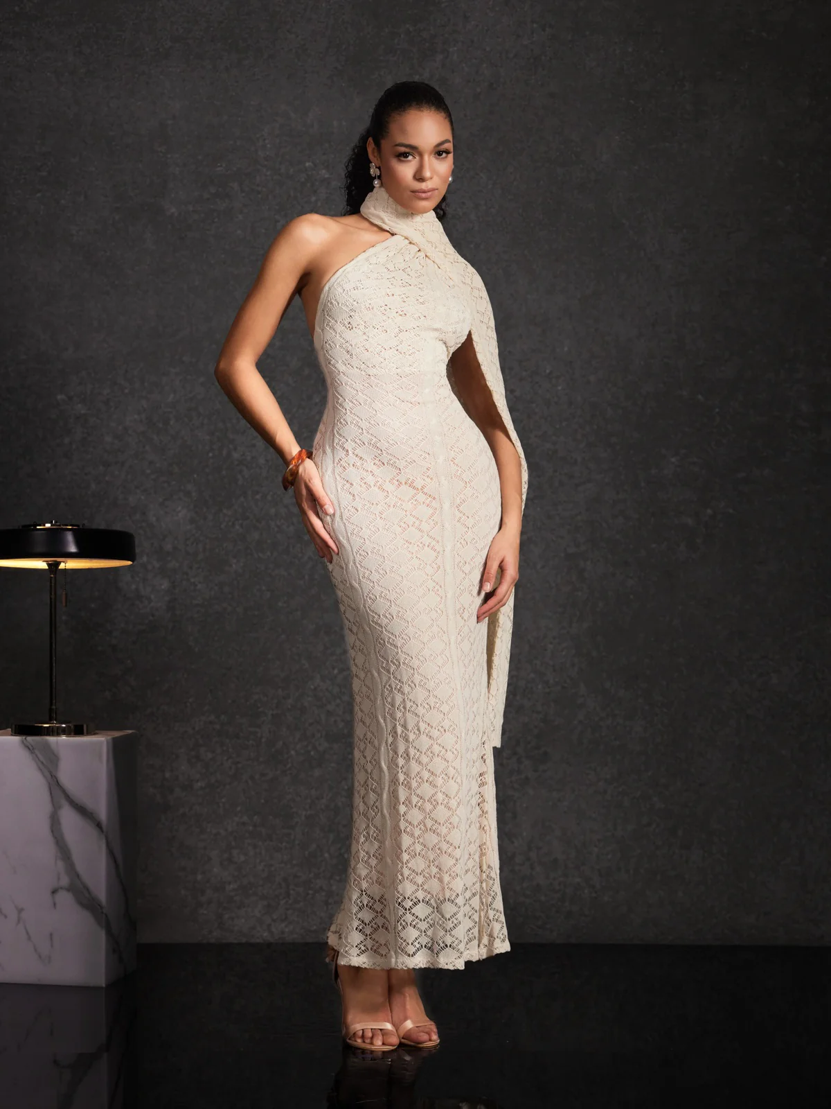 Calore Backless Shawl Cutout Maxi Dress In Apricot - Image 4