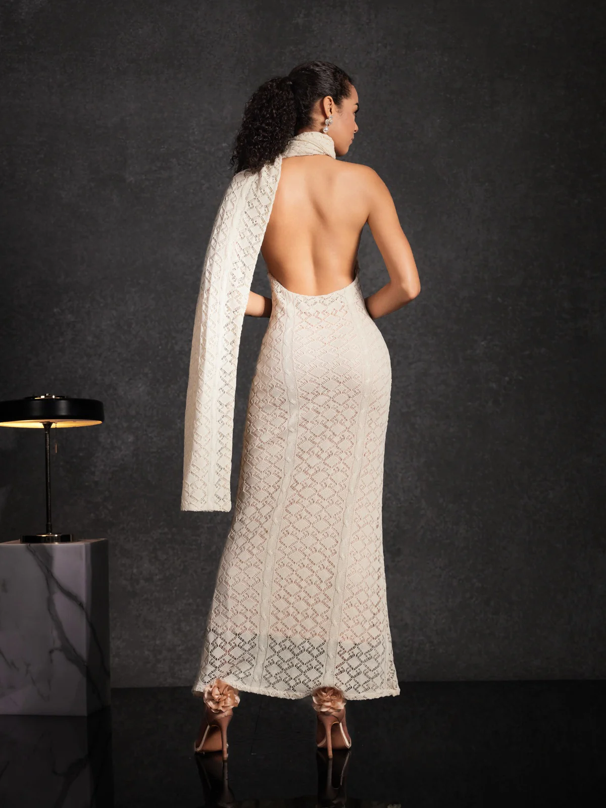 Calore Backless Shawl Cutout Maxi Dress In Apricot - Image 6