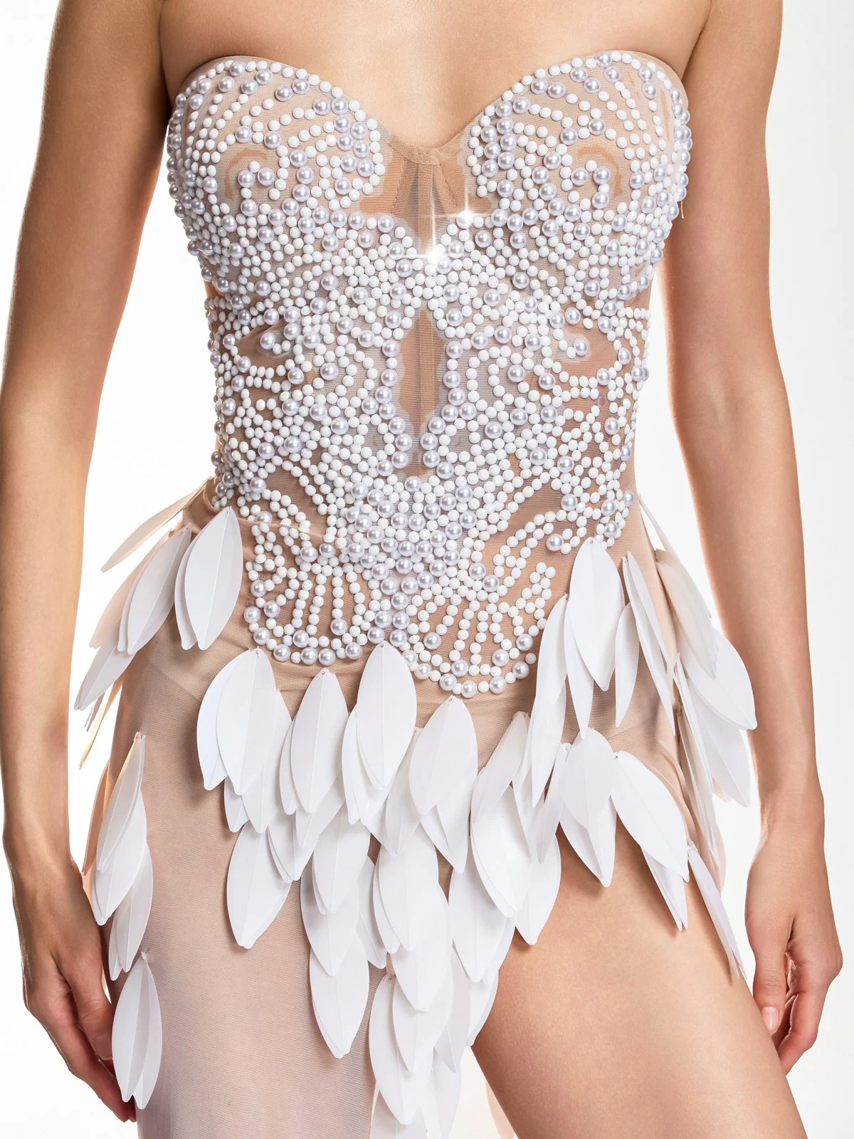 Cenvar Strapless Leaf Pearl Split Maxi Dress - Image 7
