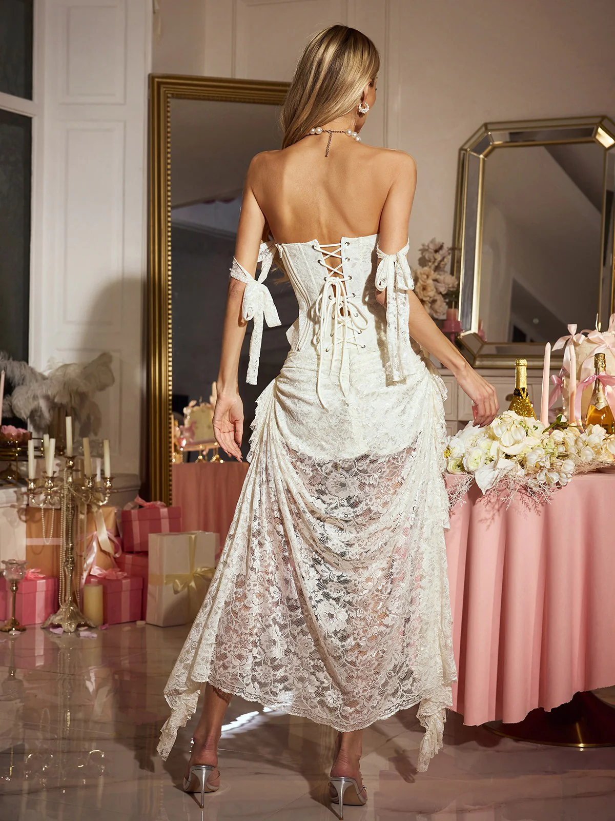 Cexila Strapless Lace Pearl Skirt Set - Image 6