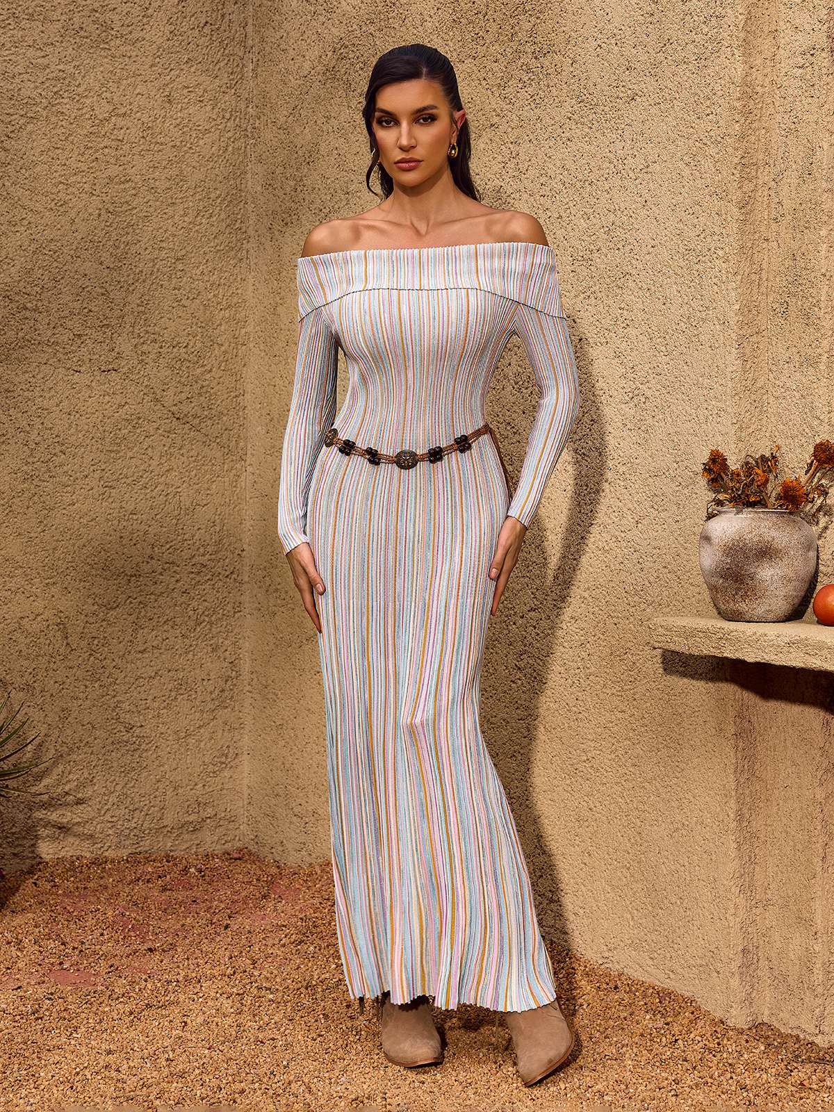 Chariel Off Shoulder Stripe Knit Maxi Dress - Image 5