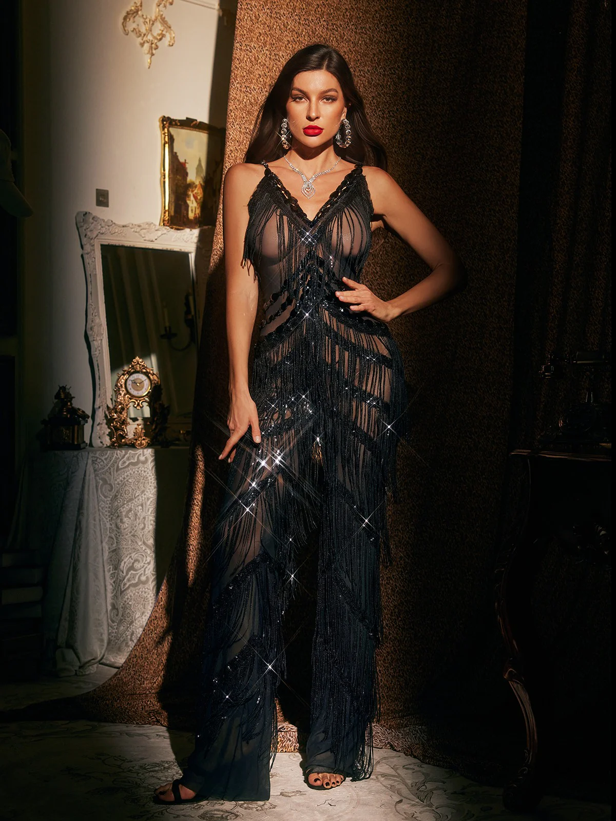 Charnita V Neck Rhinestone Fringe Jumpsuit In Black